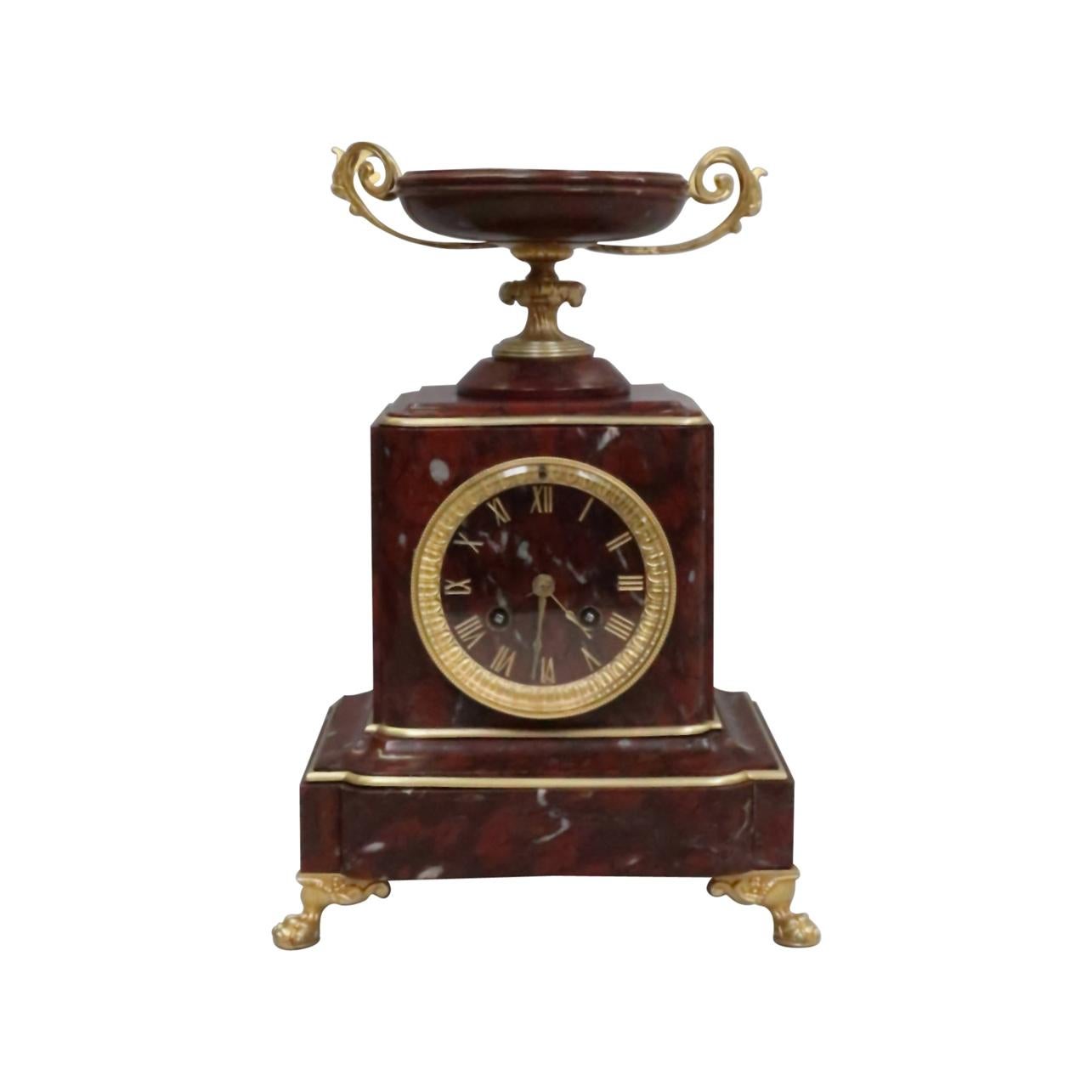 French Neoclassical Style Rouge Marble Mantel Clock by Japy Freres For Sale