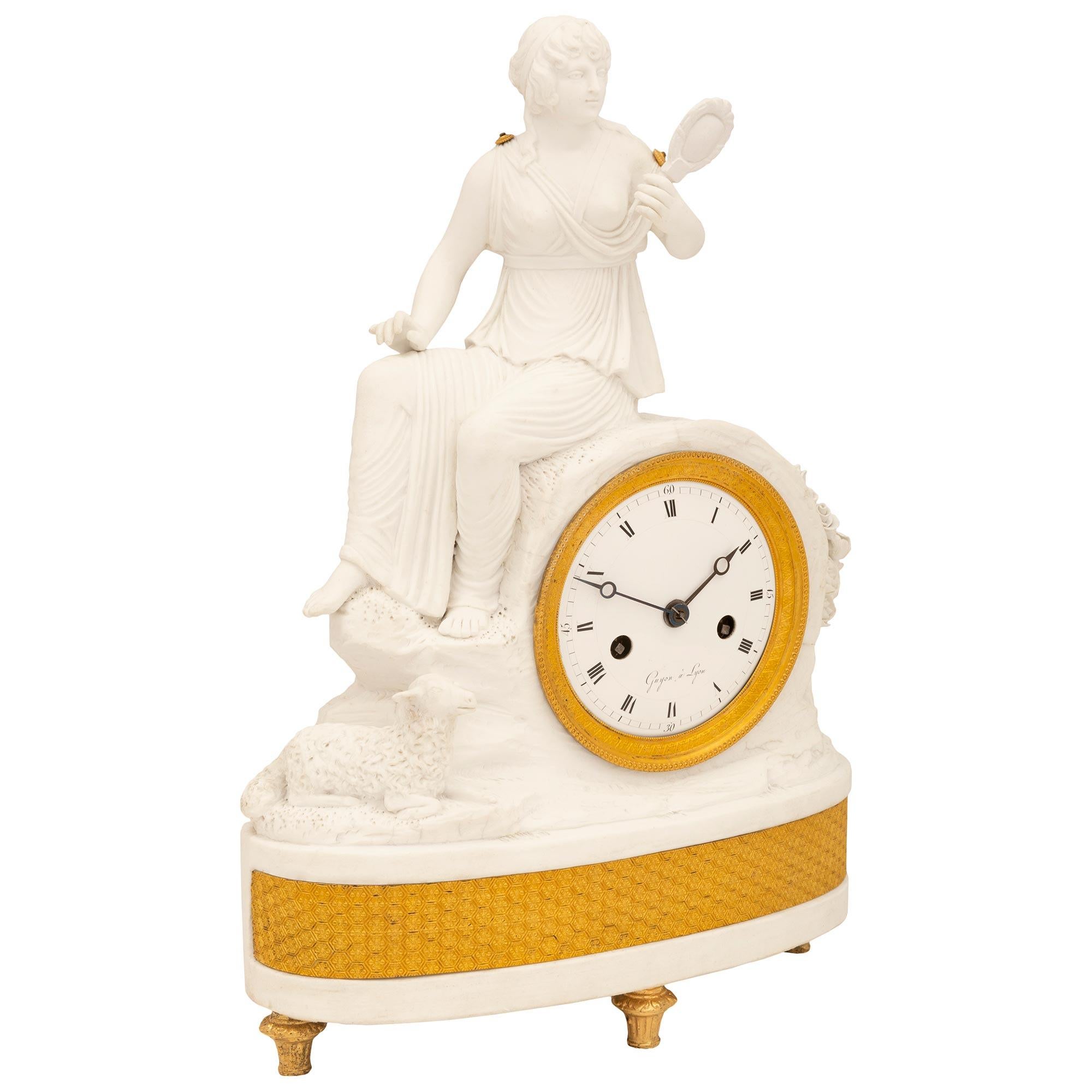 French Neoclassical Style Sevres Bisque Clock Signed Guyon a Lyon In Good Condition For Sale In West Palm Beach, FL