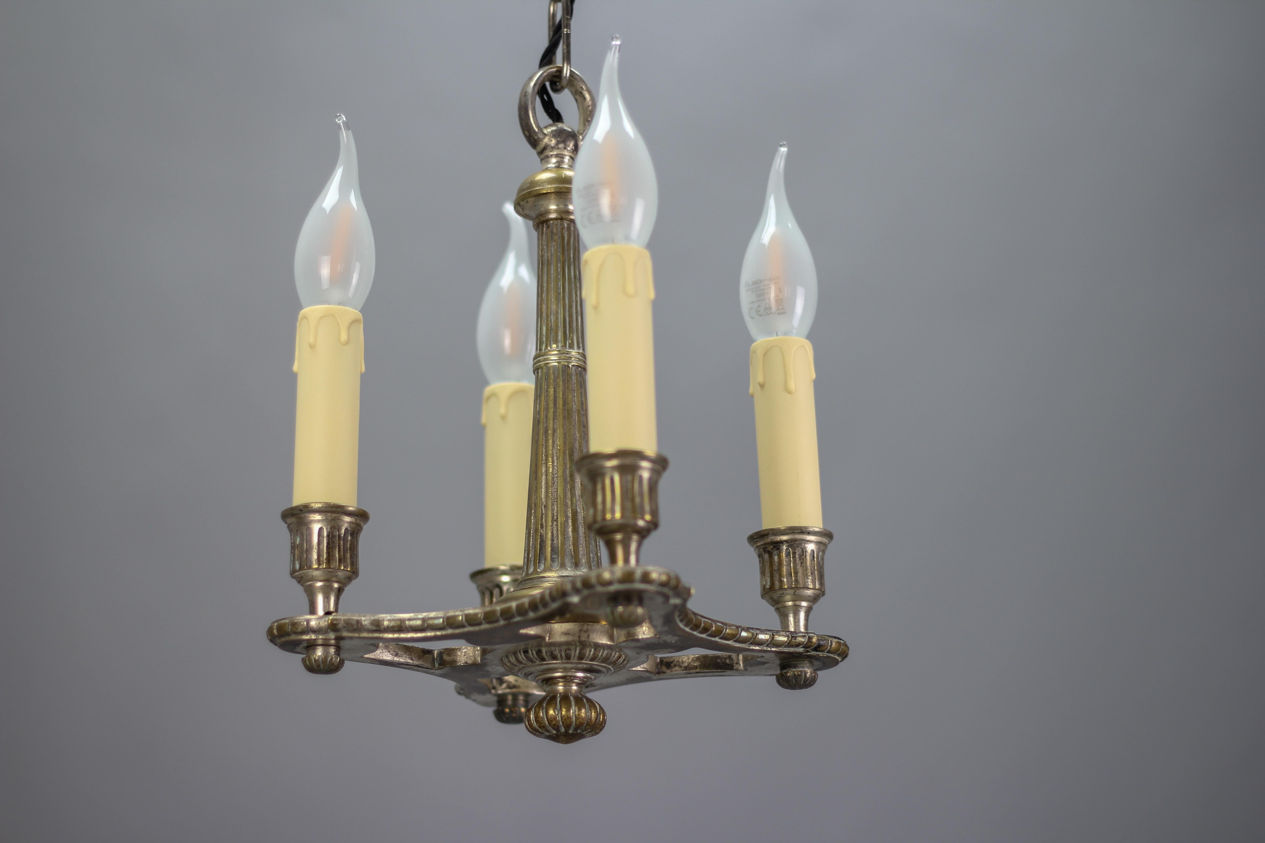 French Neoclassical Style Silver Color Brass Four-Light Chandelier, circa 1920 For Sale 7