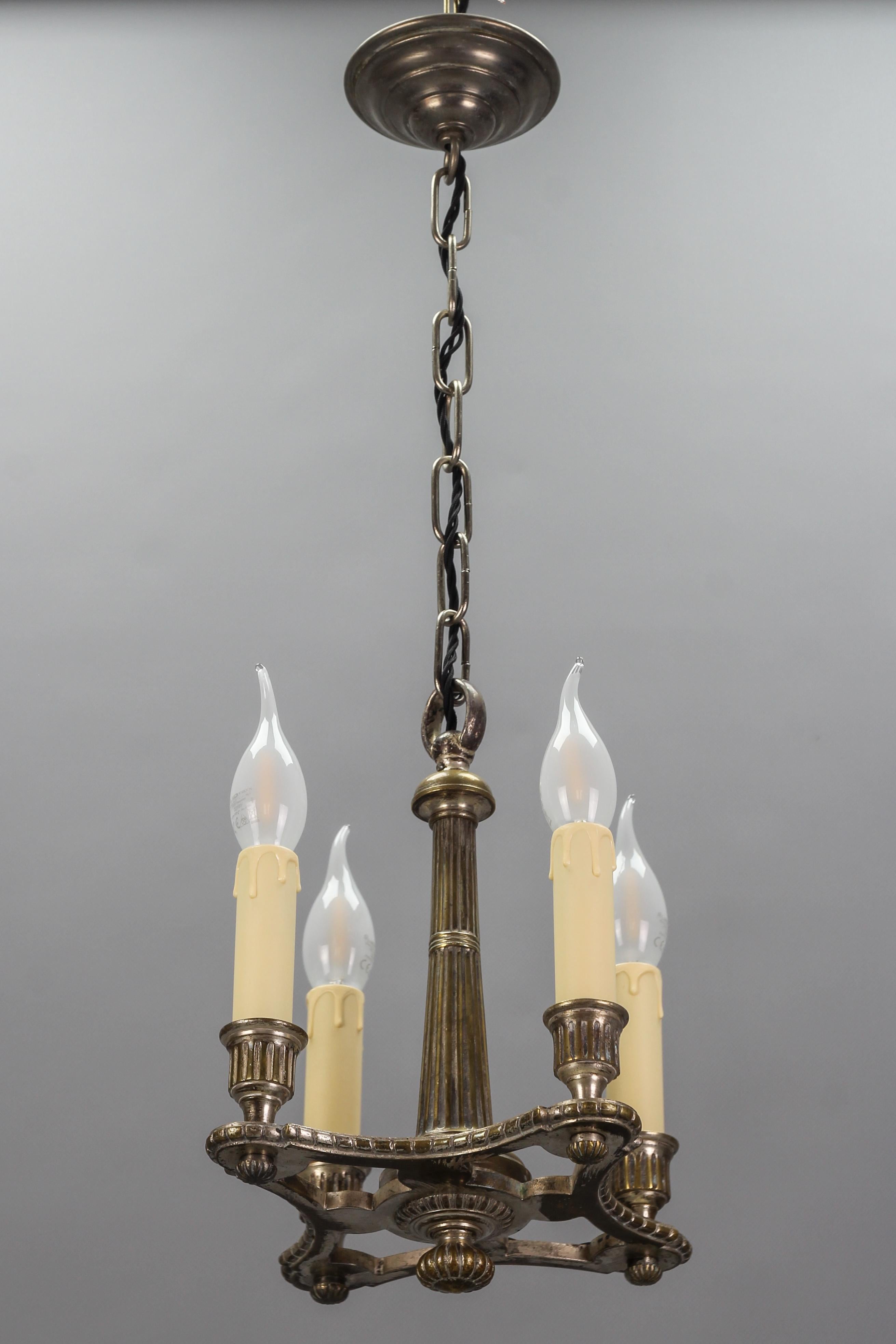 French Neoclassical Style Silver Color Brass Four-Light Chandelier, circa 1920 For Sale 1