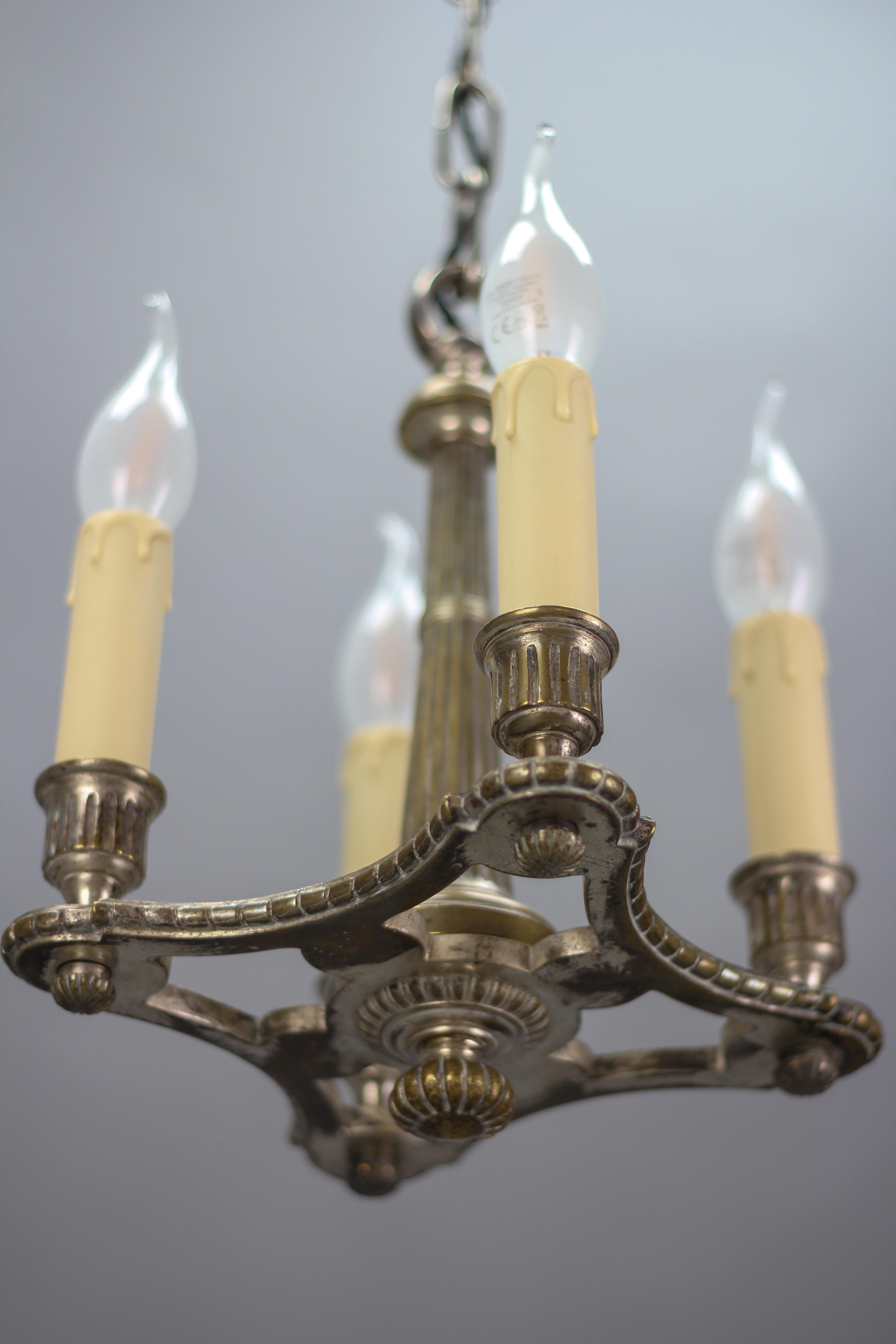 French Neoclassical Style Silver Color Brass Four-Light Chandelier, circa 1920 2