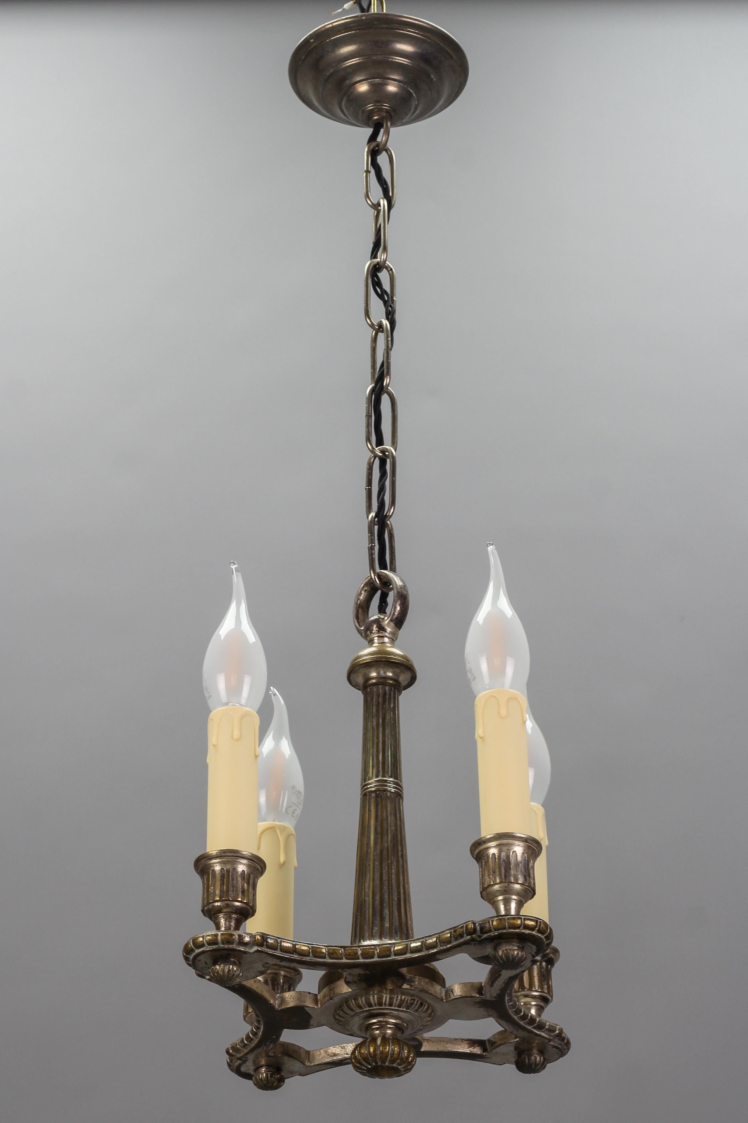 French Neoclassical Style Silver Color Brass Four-Light Chandelier, circa 1920 For Sale 3