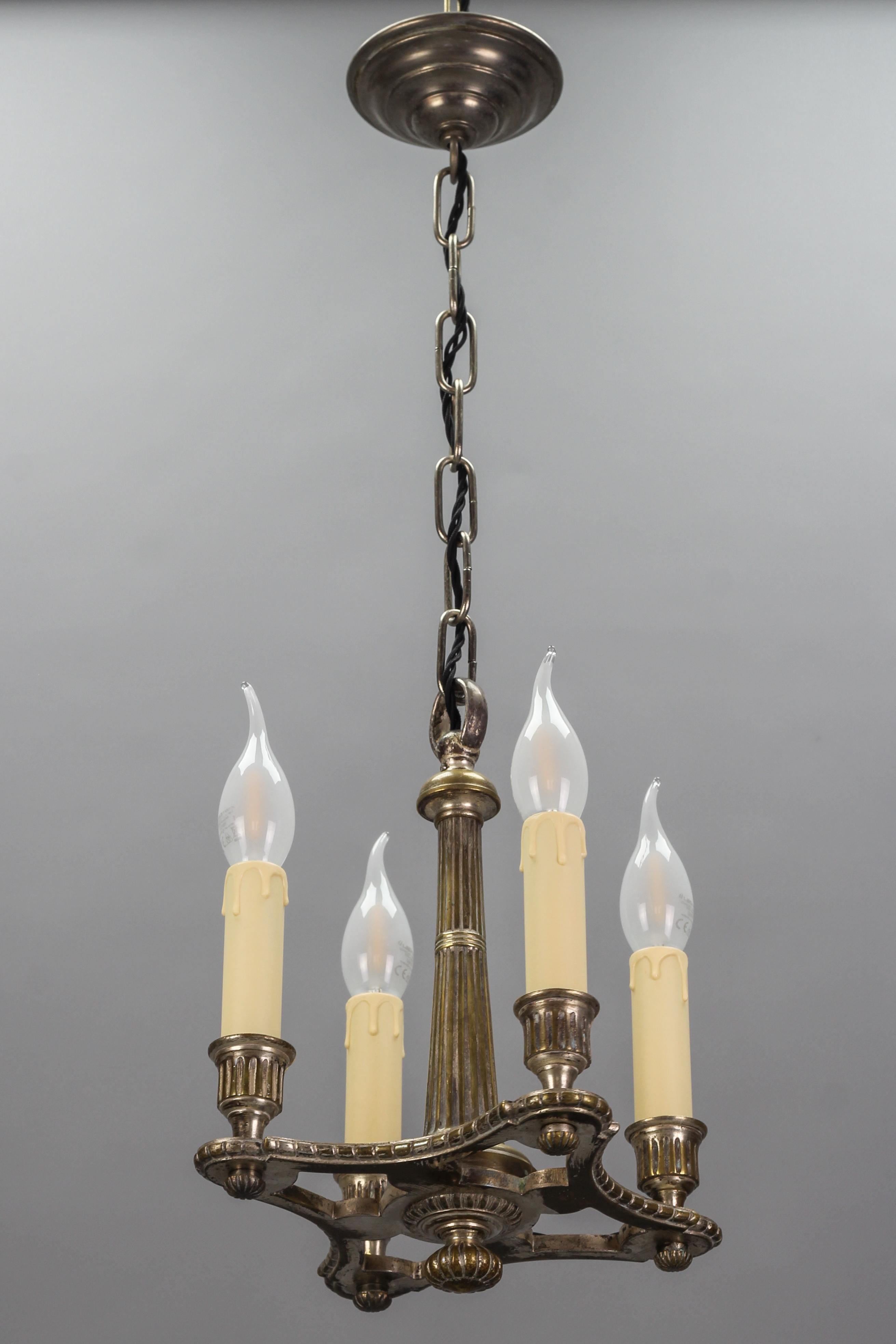 French Neoclassical Style Silver Color Brass Four-Light Chandelier, circa 1920 For Sale 4