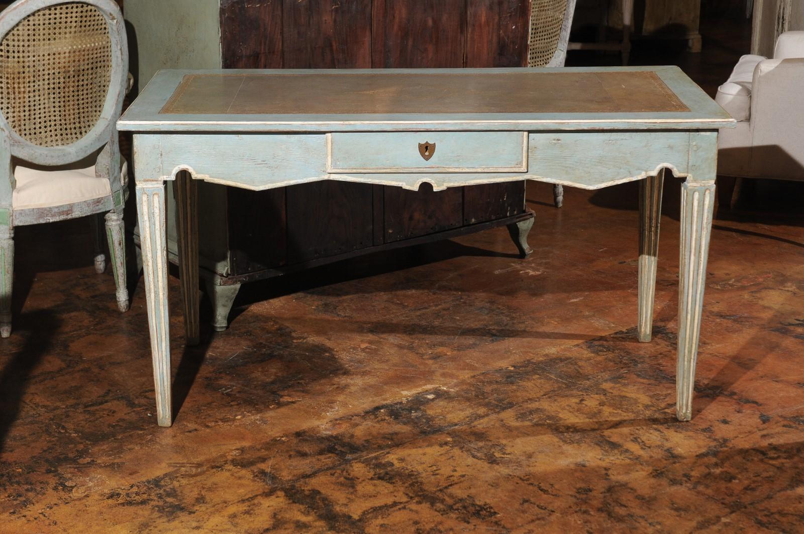 French Neoclassical Style Soft Blue Painted Desk with Leather Top, Fluted Legs 7