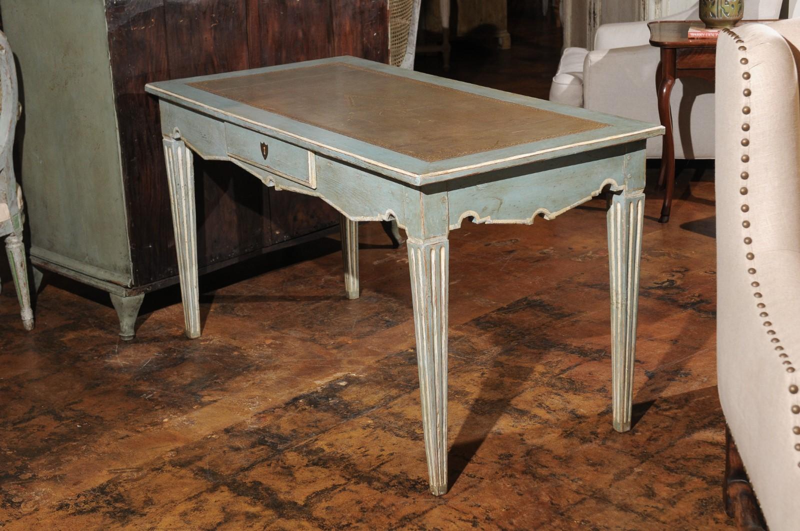 French Neoclassical Style Soft Blue Painted Desk with Leather Top, Fluted Legs 8