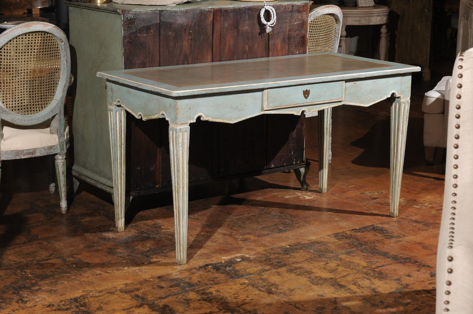 20th Century French Neoclassical Style Soft Blue Painted Desk with Leather Top, Fluted Legs