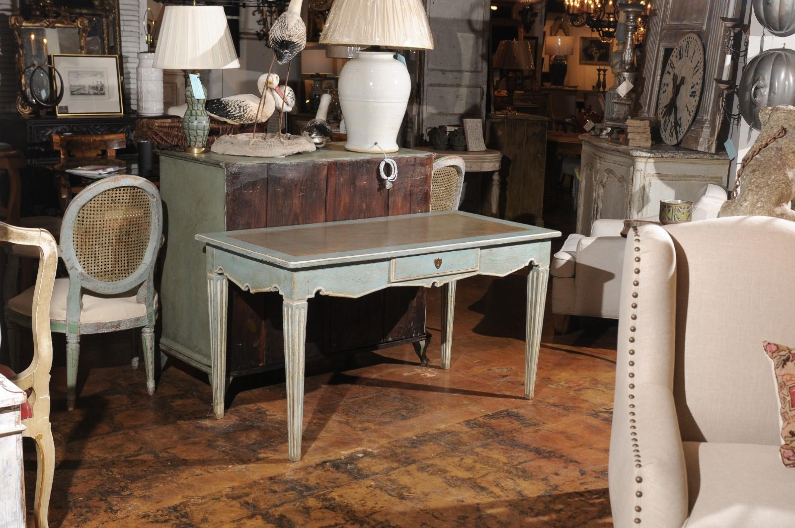 French Neoclassical Style Soft Blue Painted Desk with Leather Top, Fluted Legs 1