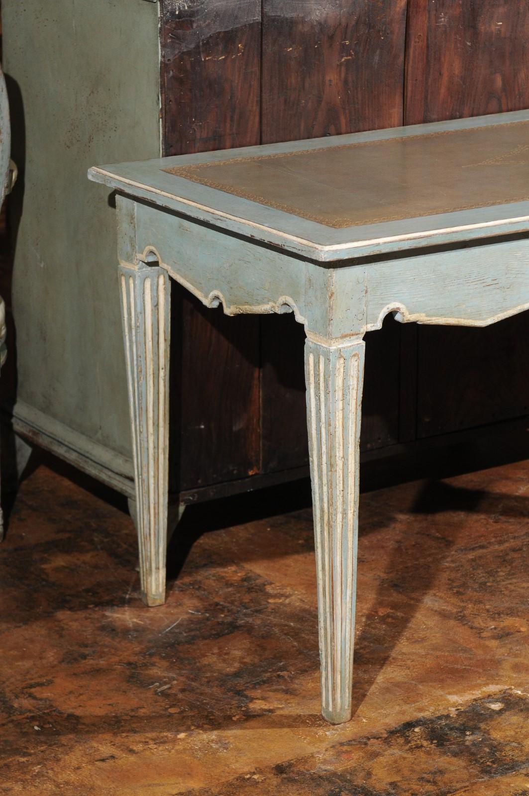 French Neoclassical Style Soft Blue Painted Desk with Leather Top, Fluted Legs 2