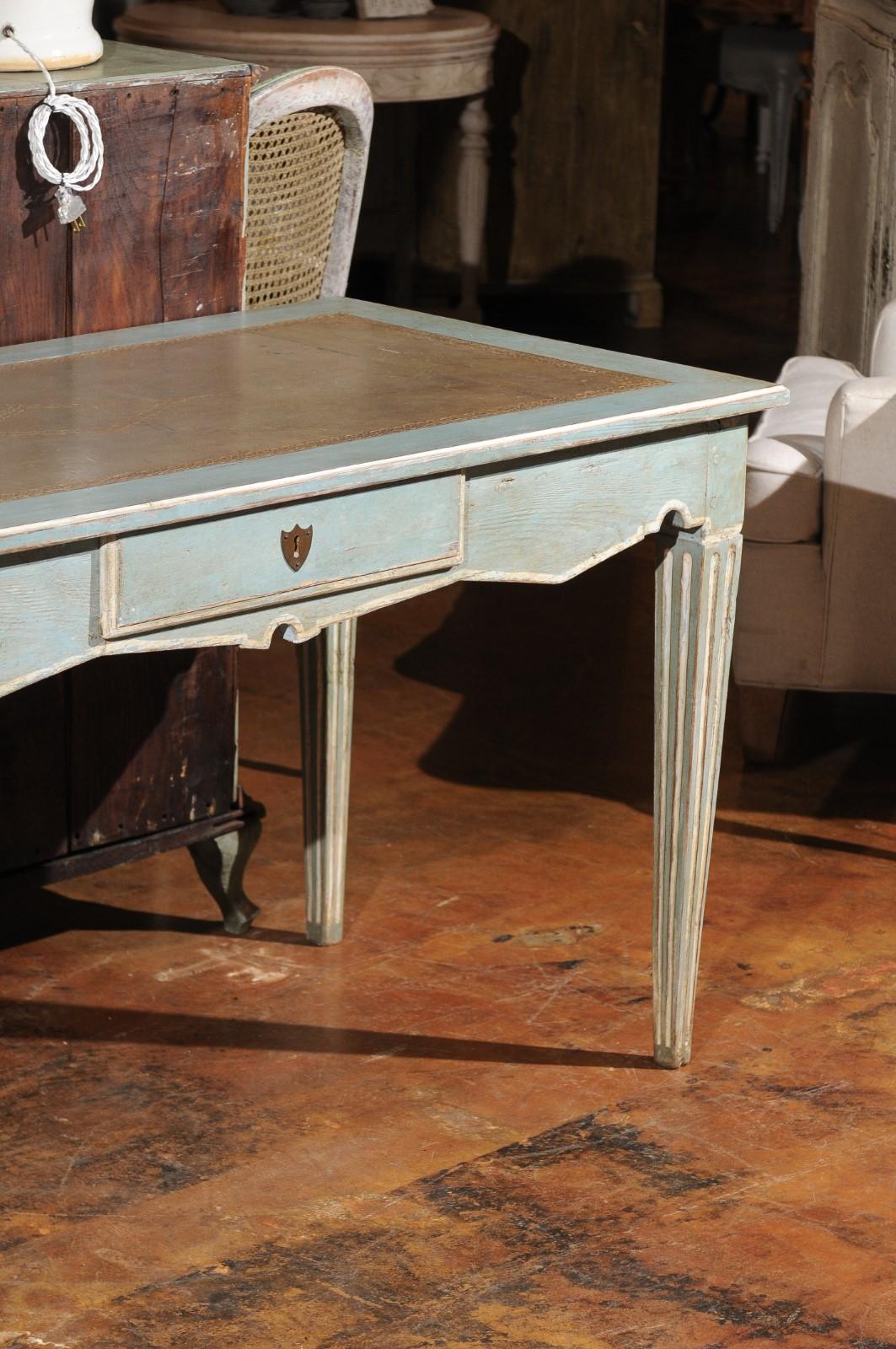 French Neoclassical Style Soft Blue Painted Desk with Leather Top, Fluted Legs 3
