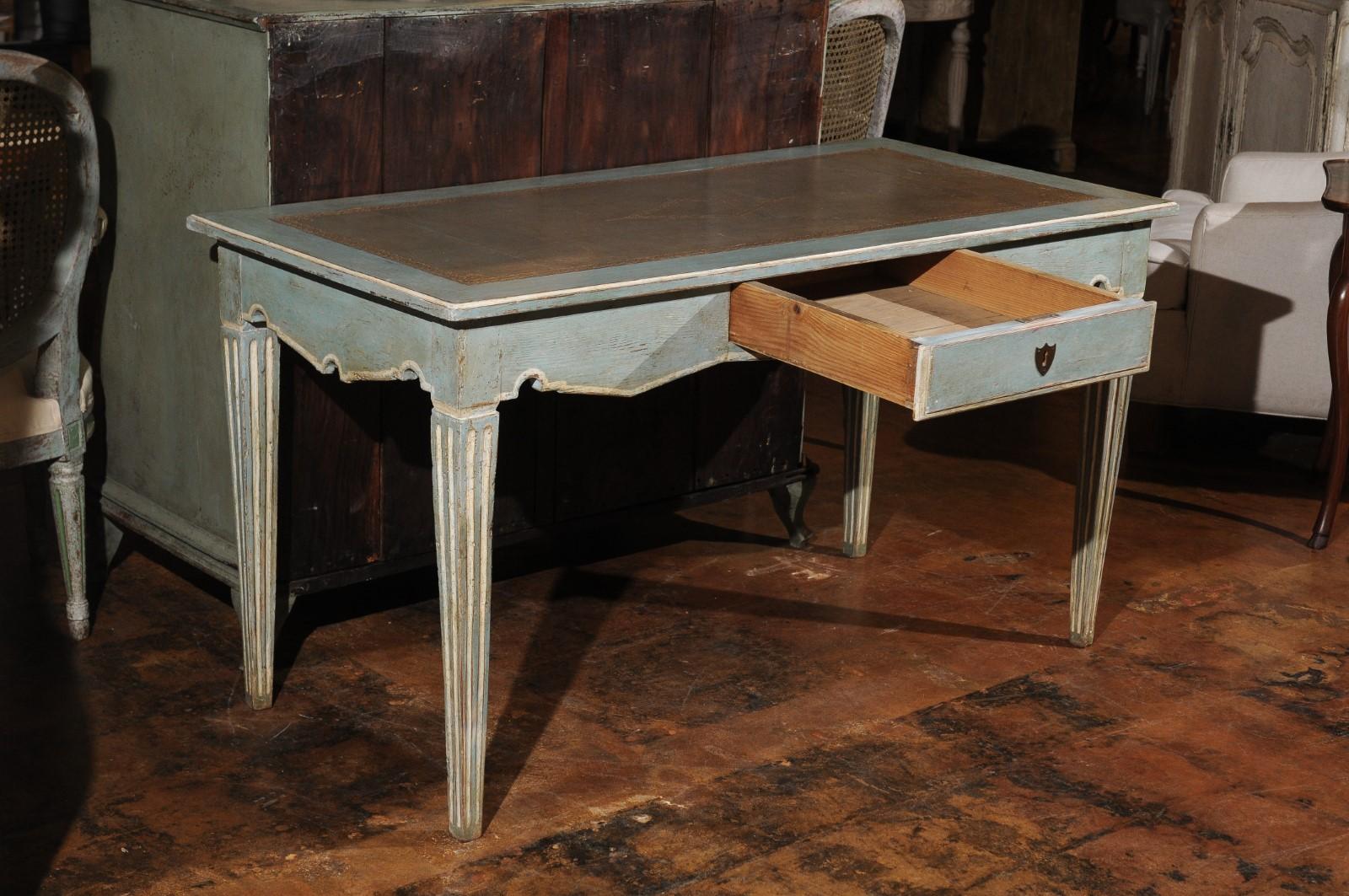 French Neoclassical Style Soft Blue Painted Desk with Leather Top, Fluted Legs 4