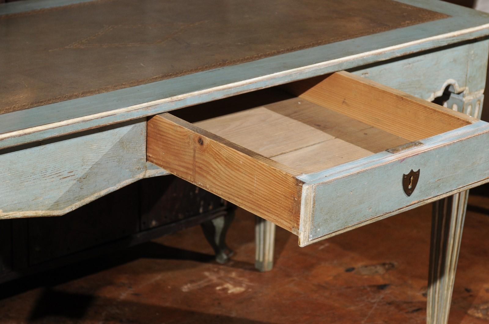 French Neoclassical Style Soft Blue Painted Desk with Leather Top, Fluted Legs 5