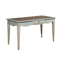 French Neoclassical Style Soft Blue Painted Desk with Leather Top, Fluted Legs