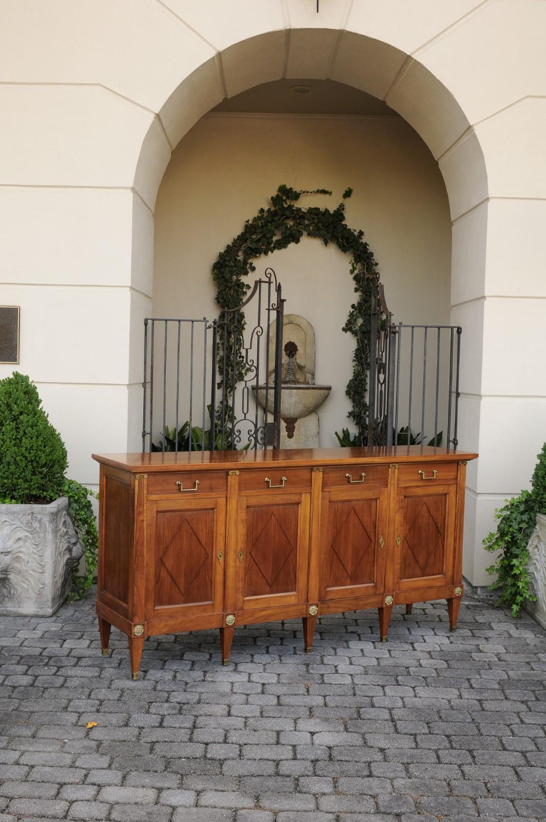 French Neoclassical Style Walnut Enfilade with Ionic Capitals and Diamond Motifs In Good Condition In Atlanta, GA