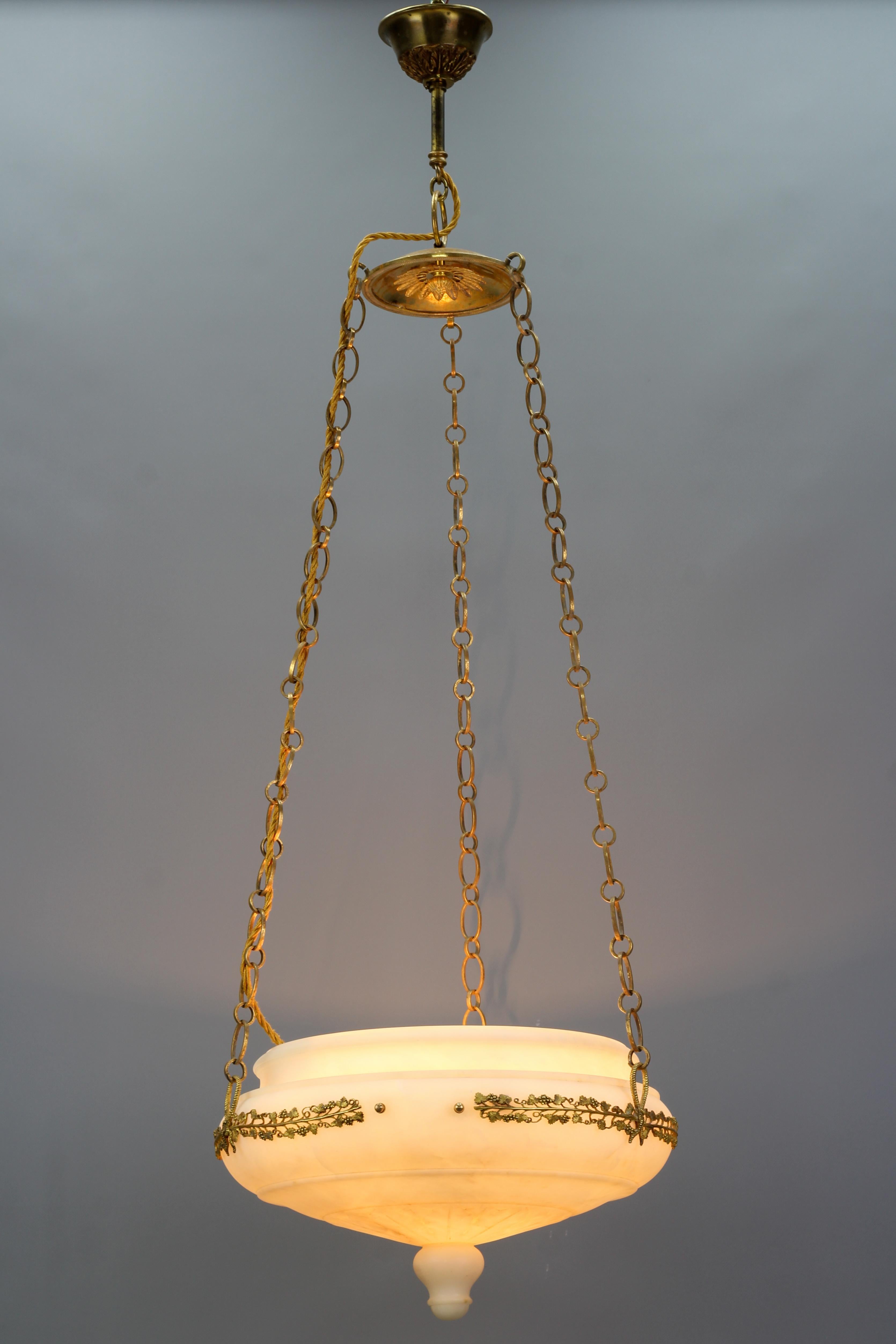 20th Century French Neoclassical Style White Alabaster, Gilt Bronze and Brass Pendant Light For Sale