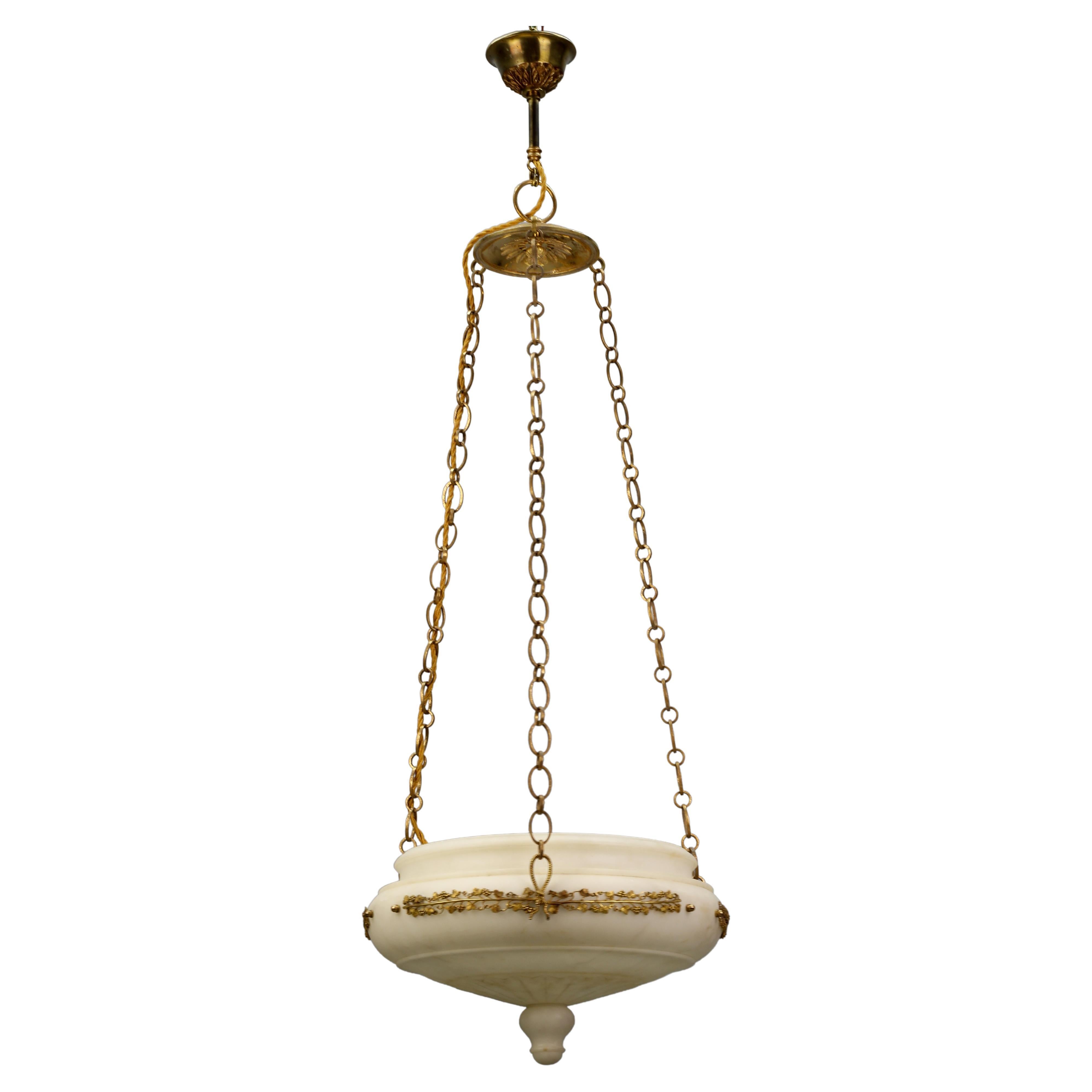 French Neoclassical Style White Alabaster, Gilt Bronze and Brass Pendant Light For Sale