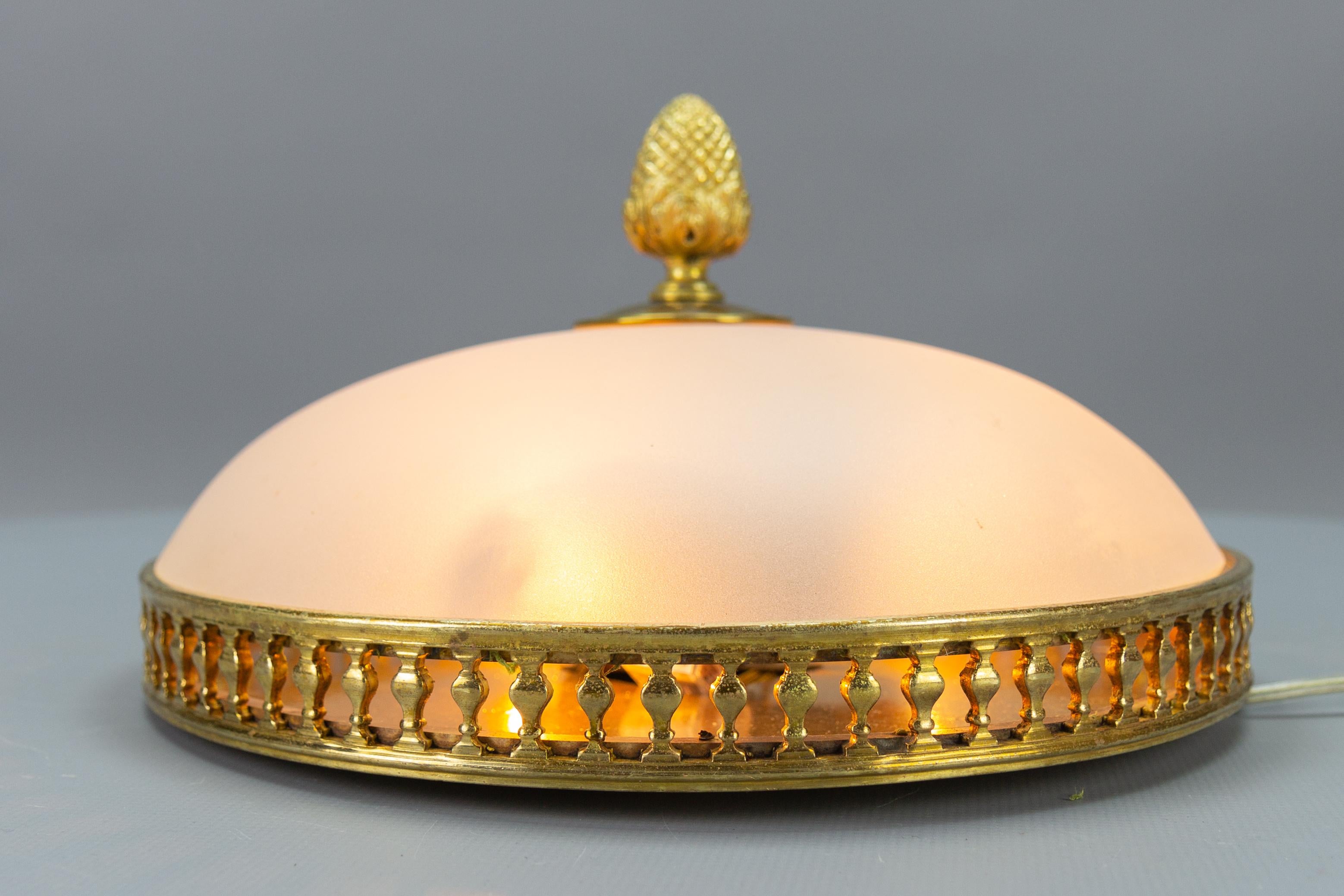 Mid-20th Century French Neoclassical Style White Frosted Glass and Brass Flush Mount, 1950s For Sale