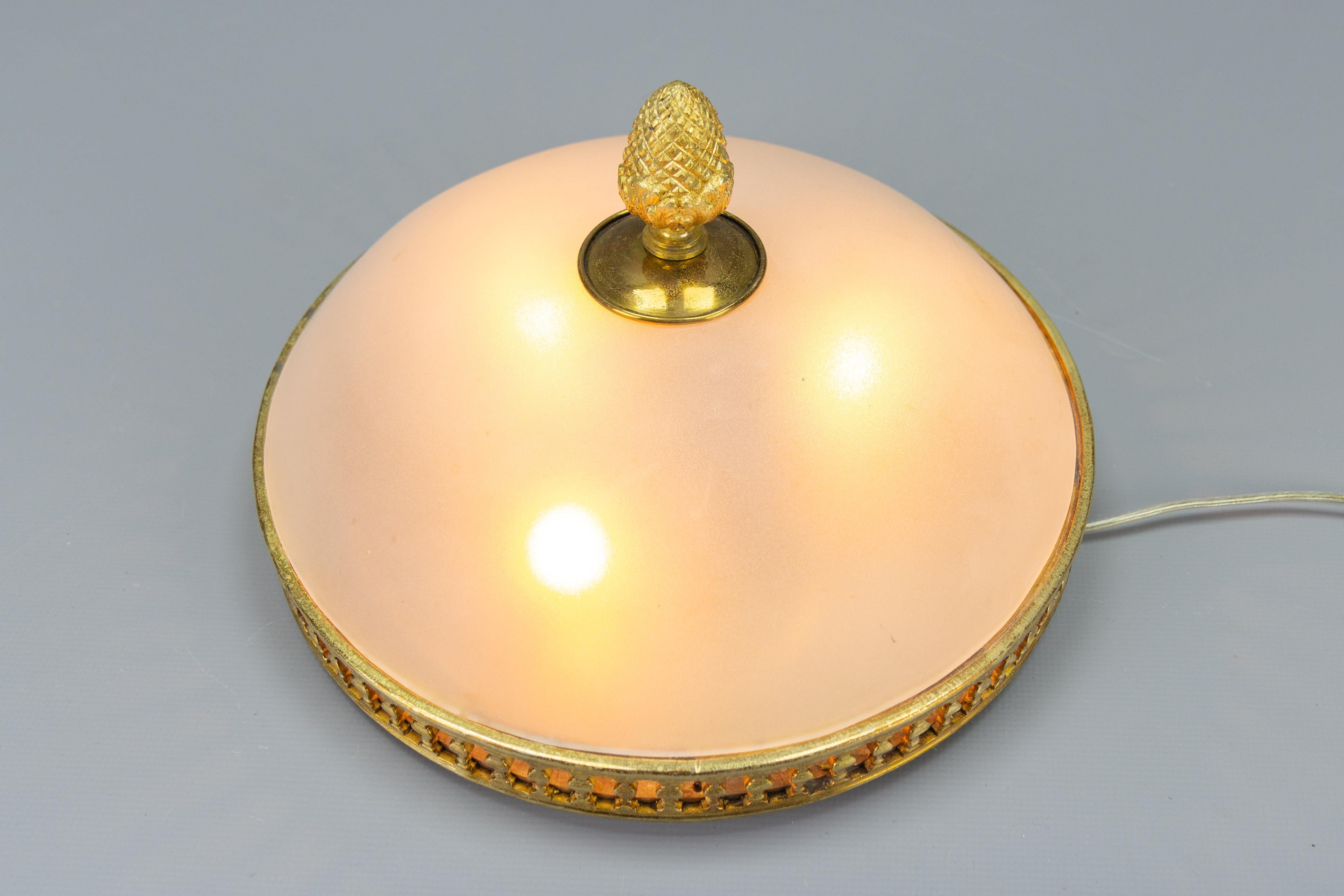 Metal French Neoclassical Style White Frosted Glass and Brass Flush Mount, 1950s For Sale