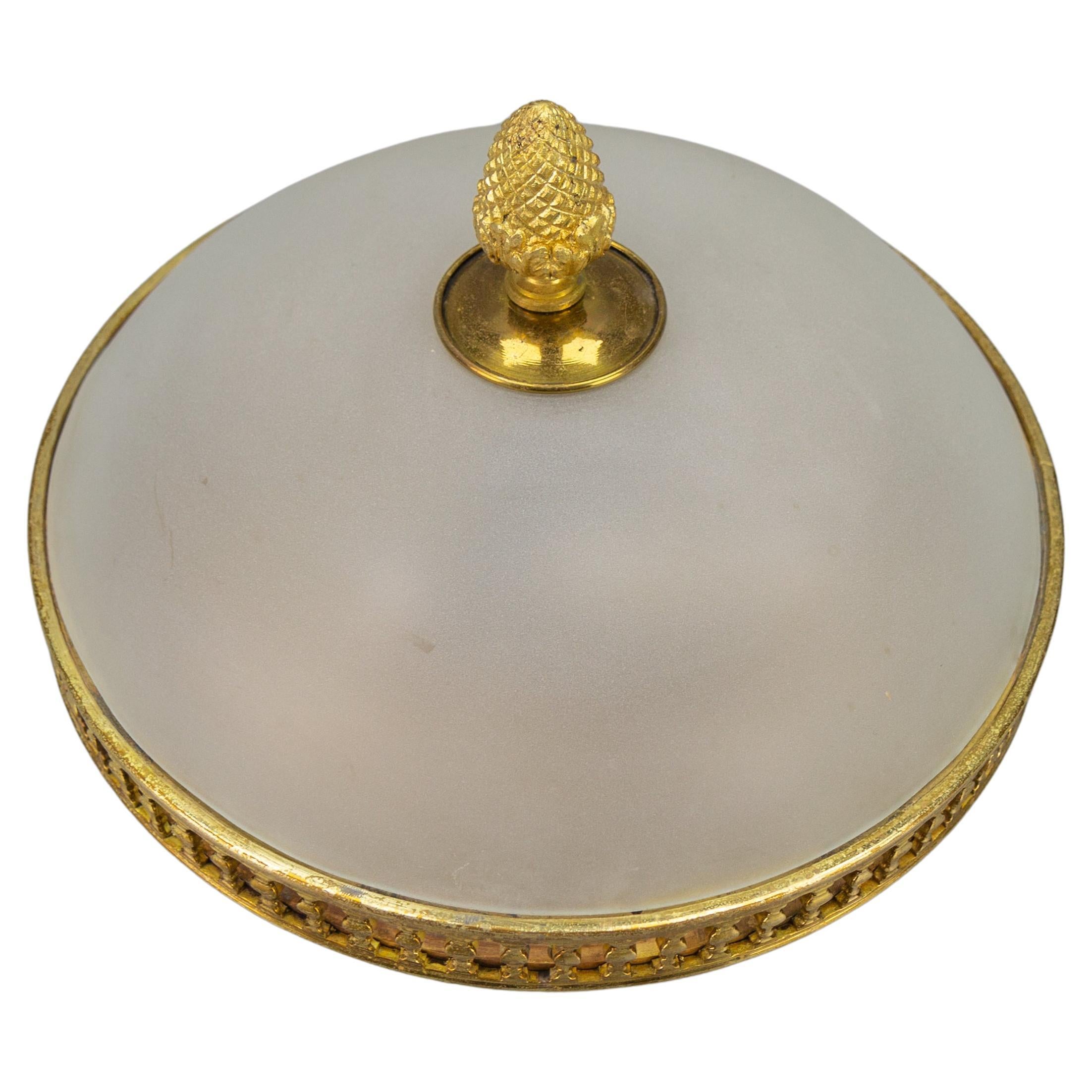 French Neoclassical Style White Frosted Glass and Brass Flush Mount, 1950s For Sale