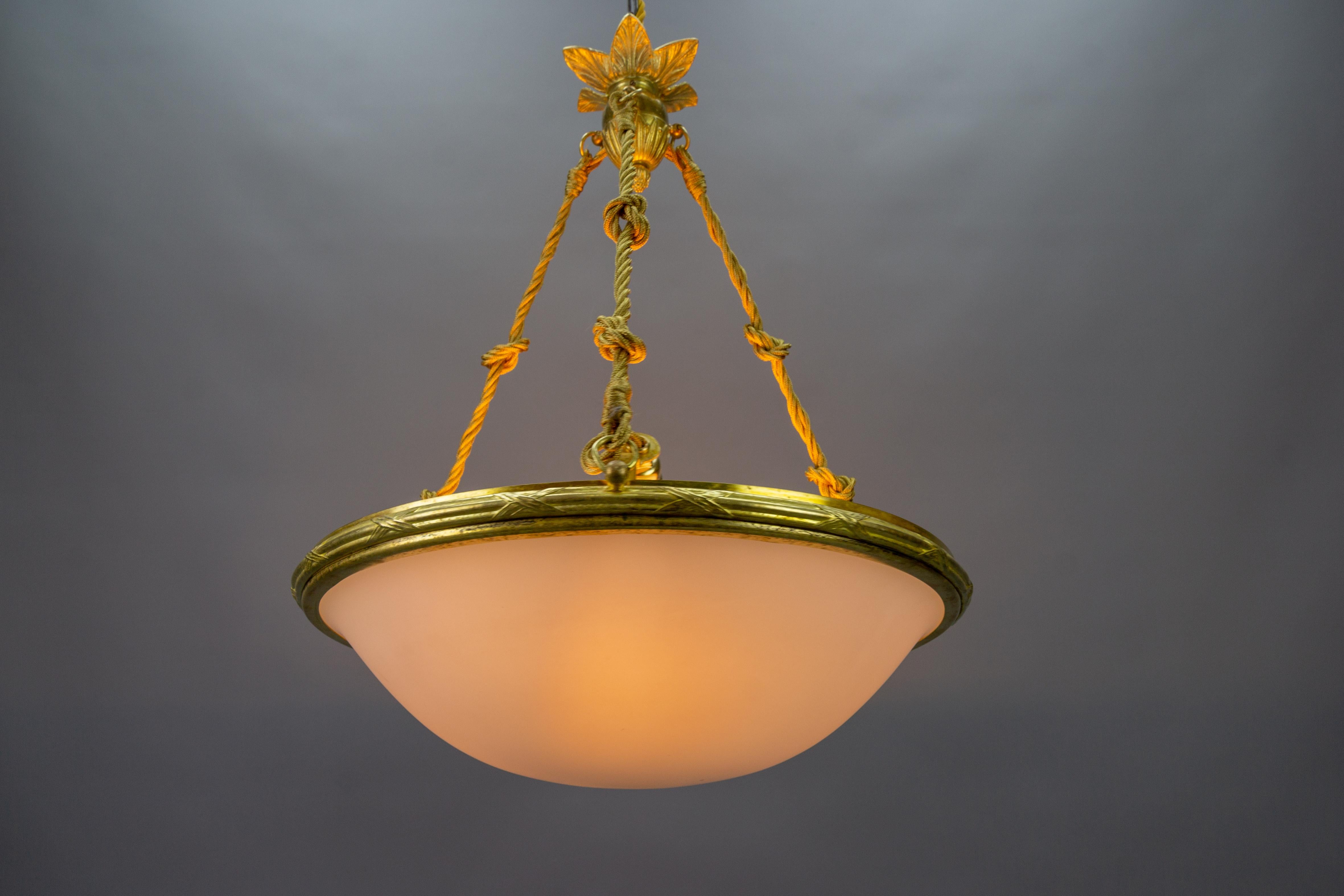Early 20th Century French Neoclassical Style White Glass and Bronze Pendant Light, circa 1920 For Sale