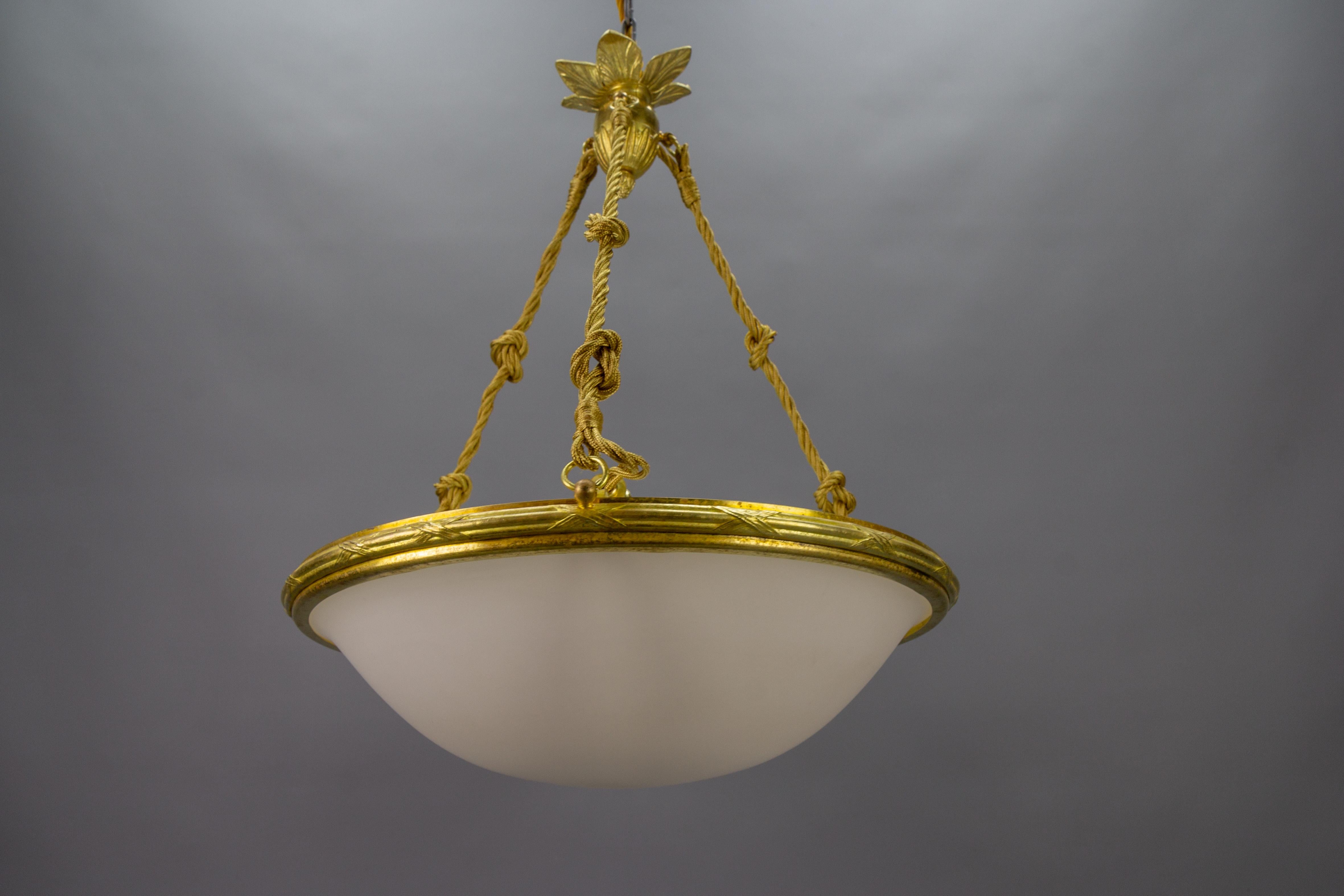 French Neoclassical Style White Glass and Bronze Pendant Light, circa 1920 For Sale 1