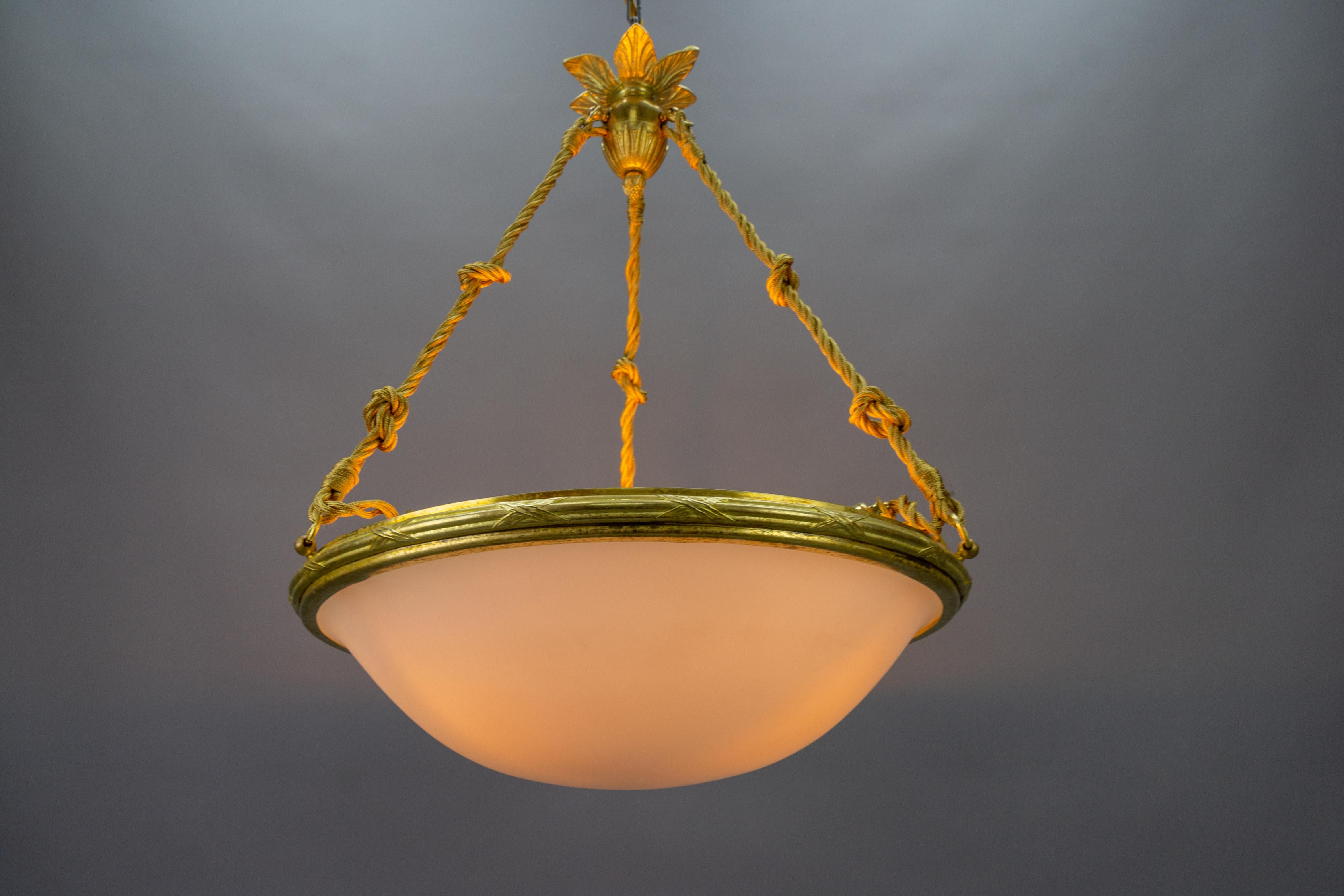 French Neoclassical Style White Glass and Bronze Pendant Light, circa 1920 For Sale 2