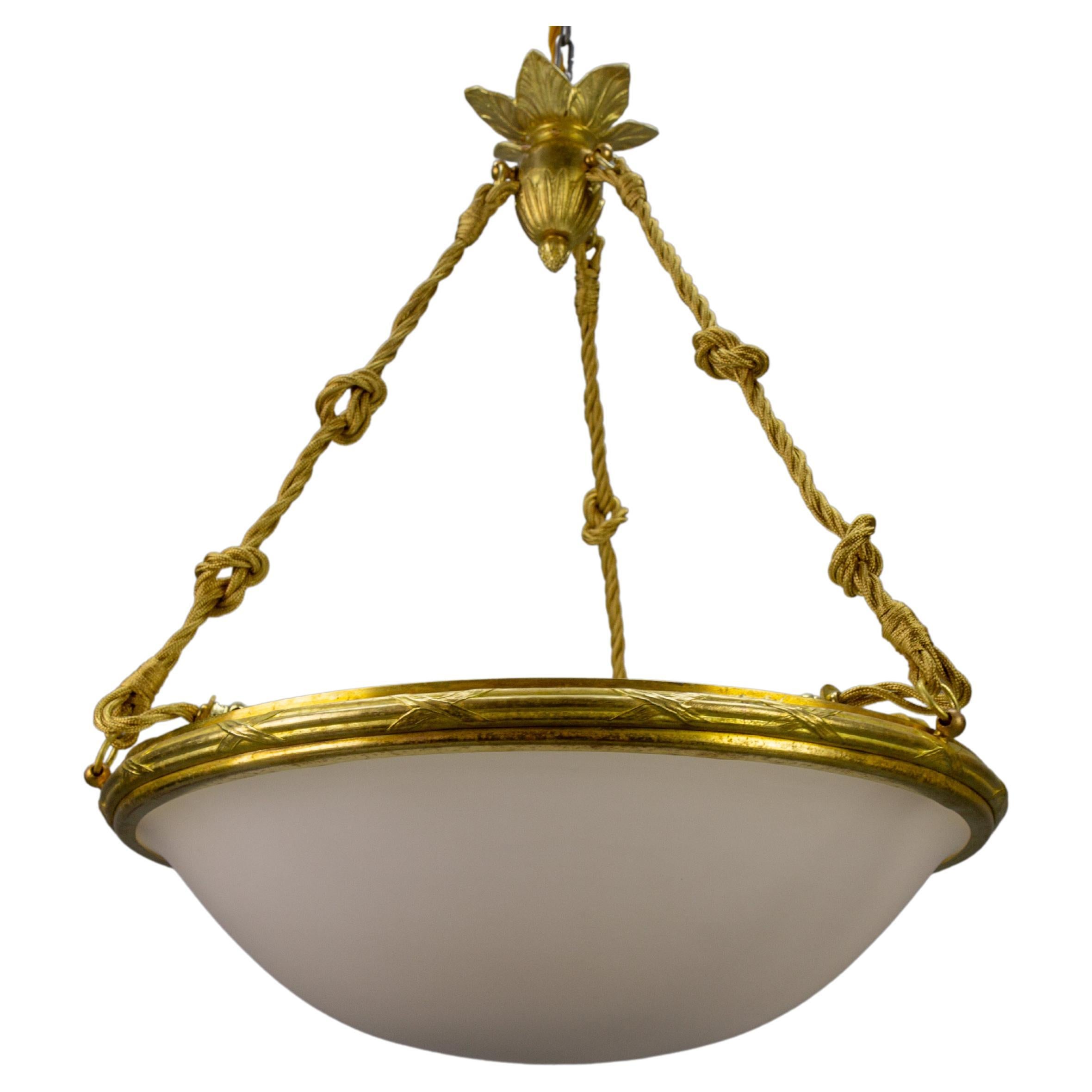 French Neoclassical Style White Glass and Bronze Pendant Light, circa 1920 For Sale