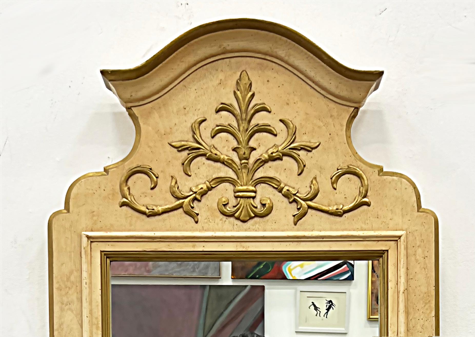 French Neoclassical style wood mirrors, 1960s American Made, Pair. 

Offered for sale is a pair of French Neoclassical style wood mirrors that were made in America during the 1960s. The mirrors have gold painted details against a cerused finish
