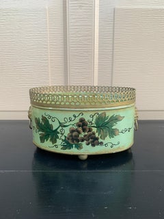French Neoclassical Tole Green & Gold Cachepot Planter Vase with Lion Heads