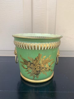 French Neoclassical Tole Green & Gold Cachepot Planter Vase With Lion Heads