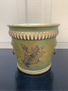 French Neoclassical Tole Green & Gold Cachepot Planter Vase With Lion Heads
