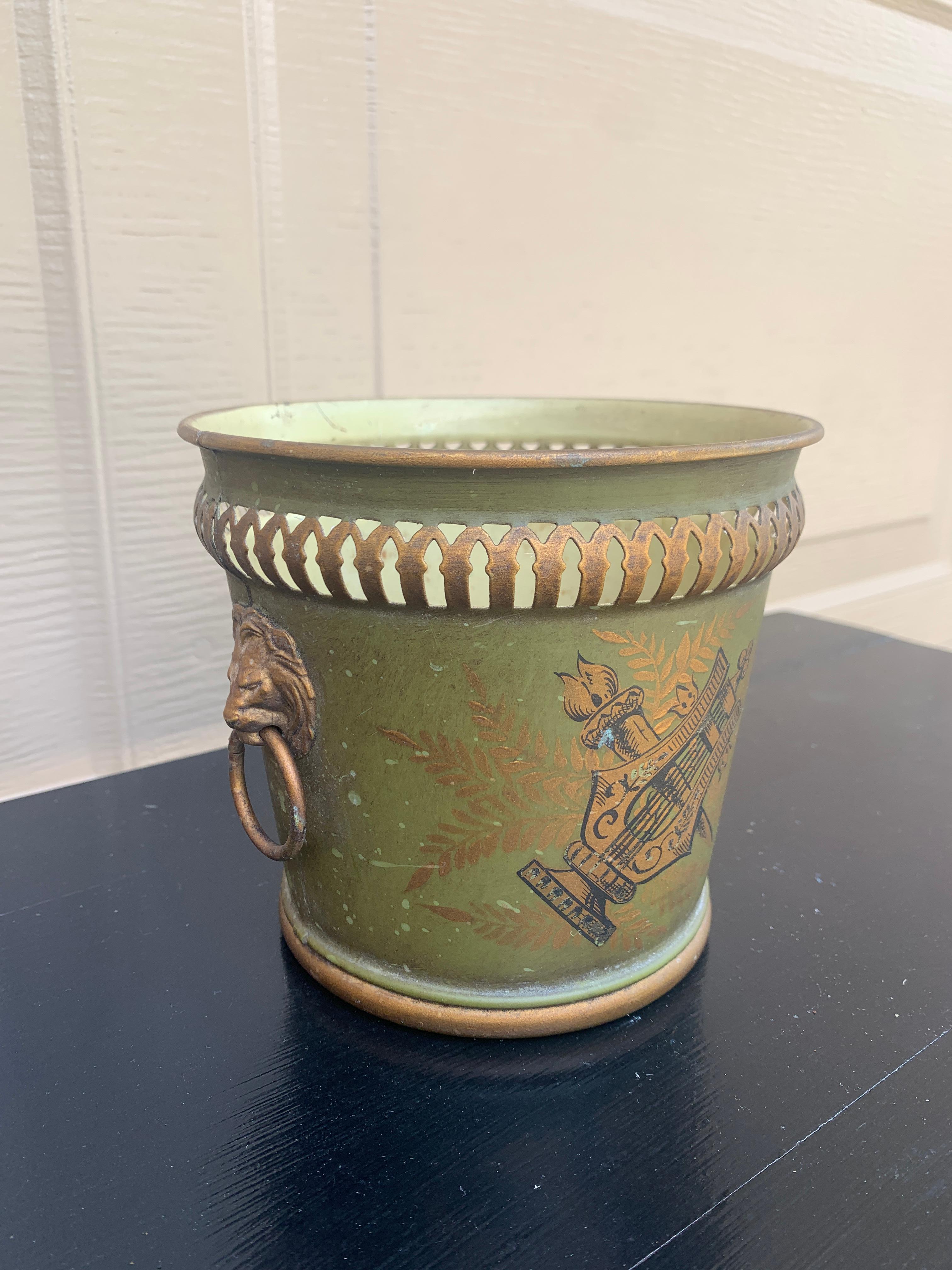 20th Century French Neoclassical Tole Green & Gold Cachepot Planter Vase With Lion Heads For Sale