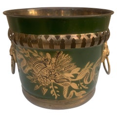 French Neoclassical Tole Green & Gold Cachepot Planter Vase With Lion Heads