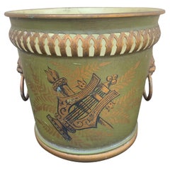 French Neoclassical Tole Green & Gold Cachepot Planter Vase With Lion Heads