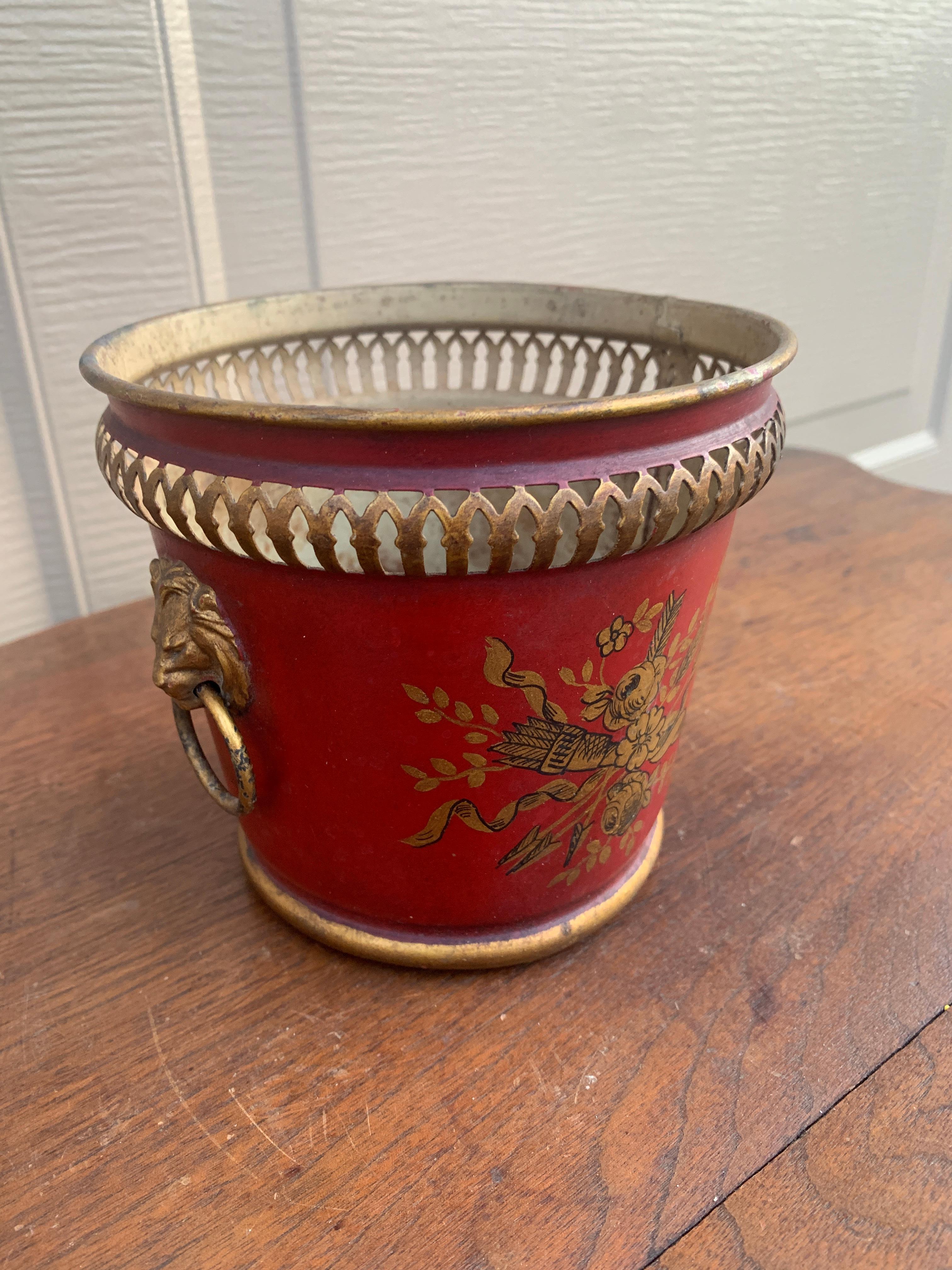 20th Century French Neoclassical Tole Red & Gold Cachepot Planter Vase For Sale
