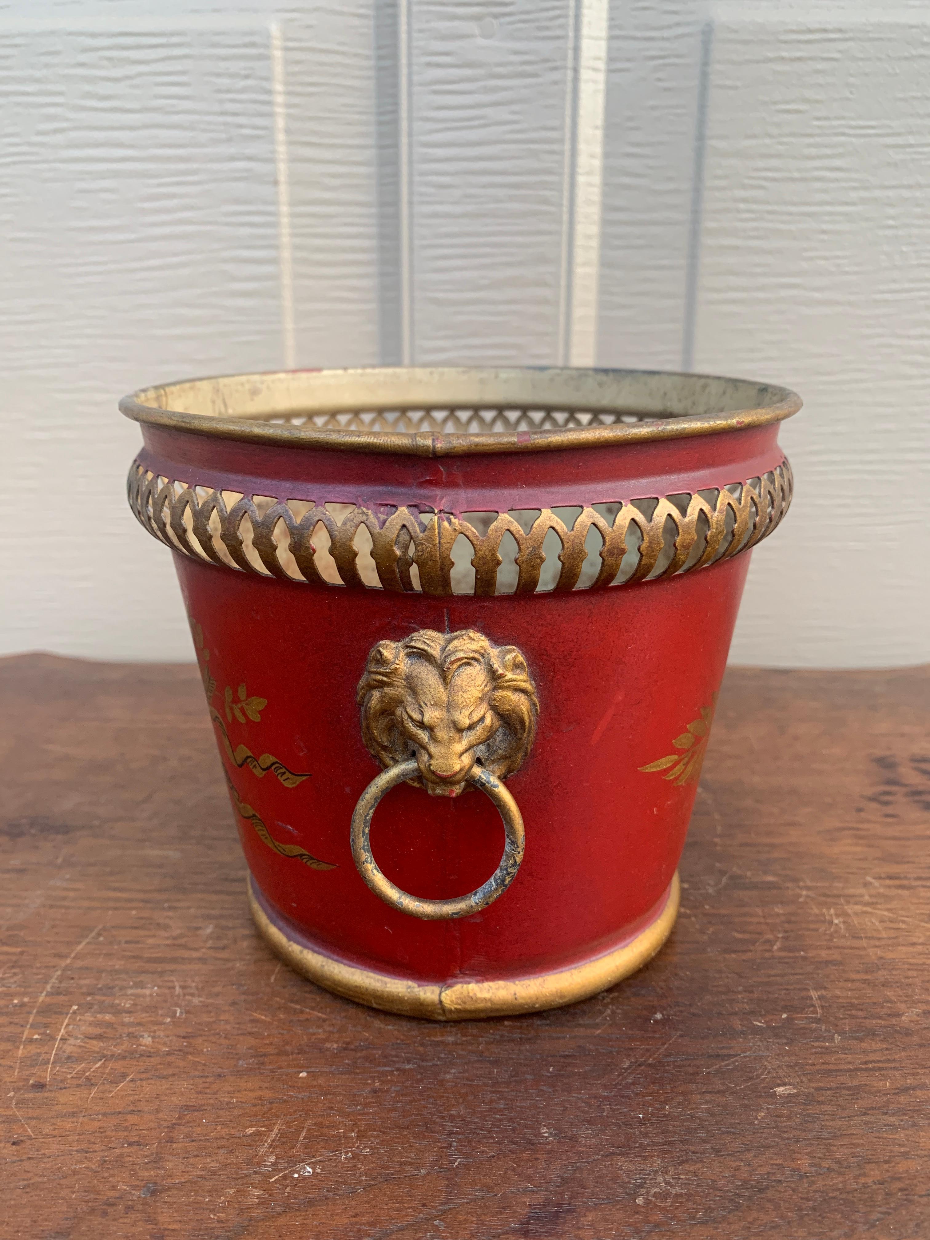 Metal French Neoclassical Tole Red & Gold Cachepot Planter Vase For Sale