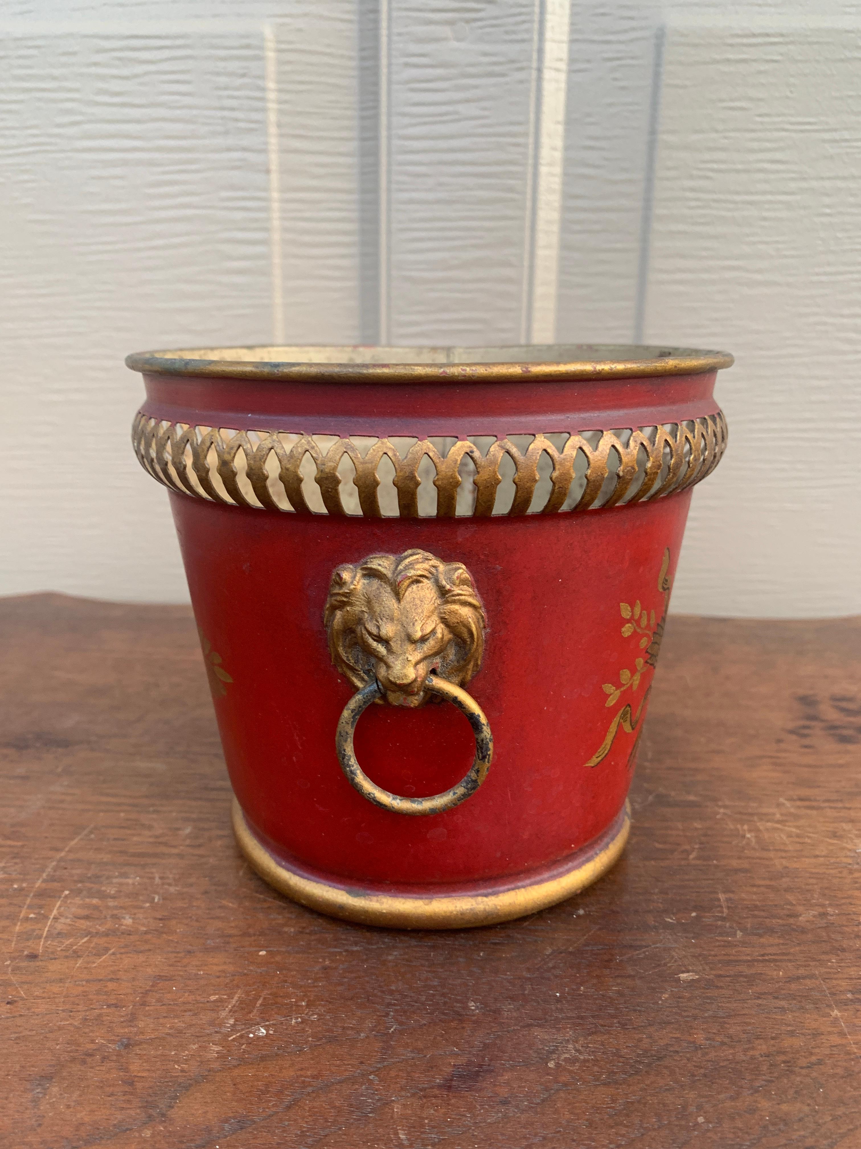French Neoclassical Tole Red & Gold Cachepot Planter Vase For Sale 2