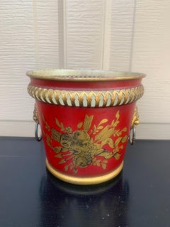 French Neoclassical Tole Red & Gold Cachepot Planter Vase With Lion Heads