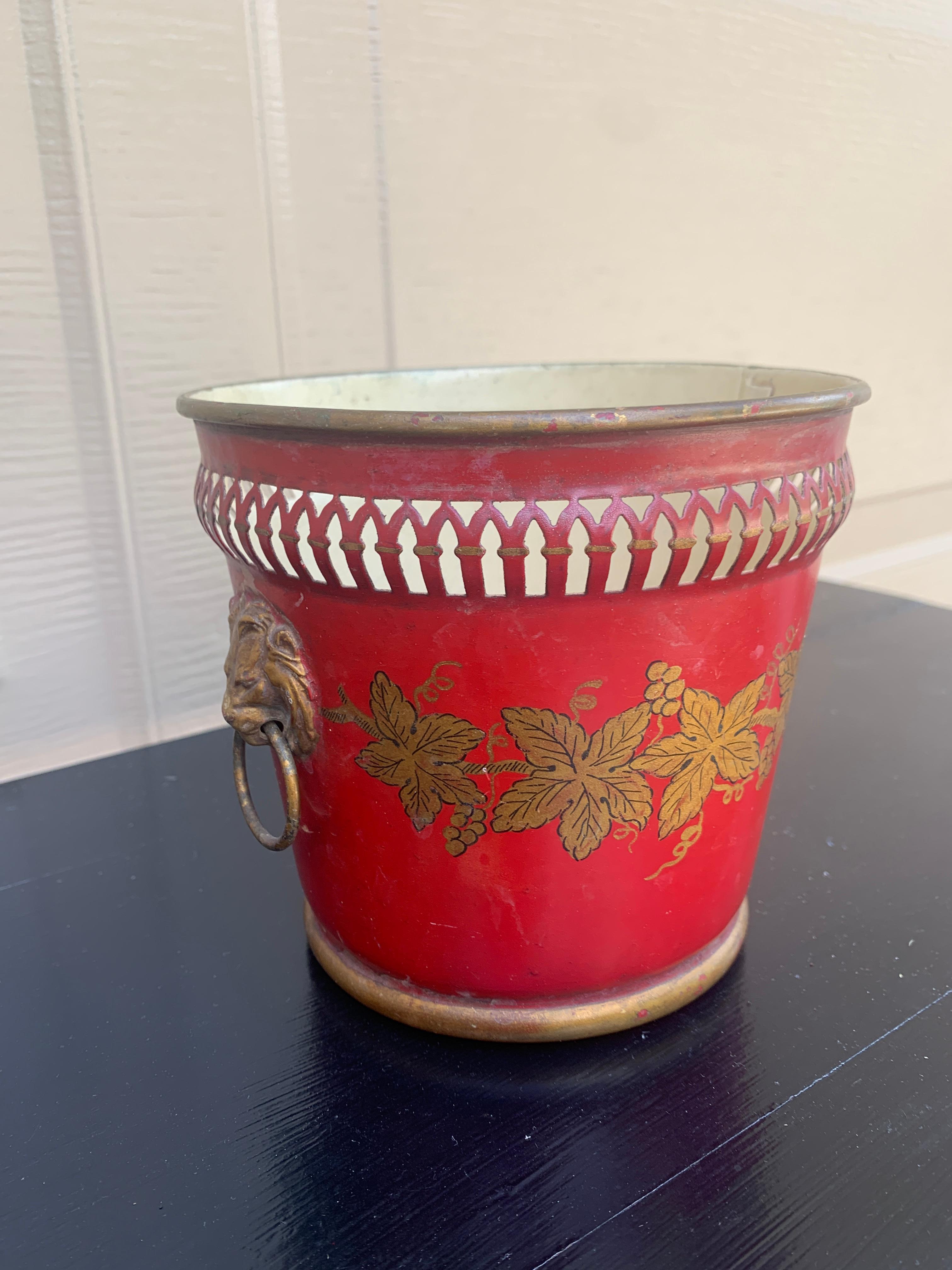 20th Century French Neoclassical Tole Red & Gold Cachepot Planter Vase With Lion Heads For Sale