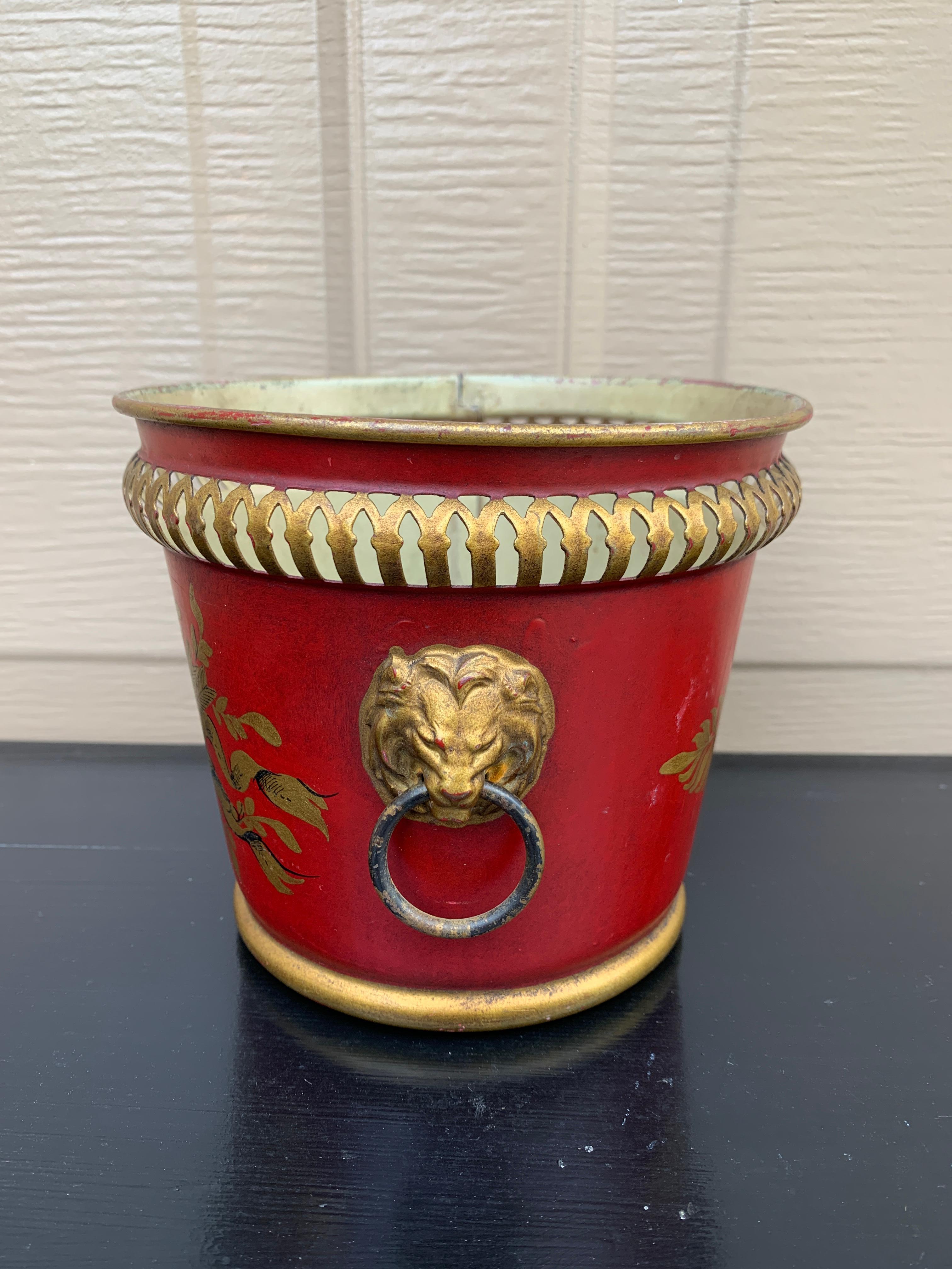 Metal French Neoclassical Tole Red & Gold Cachepot Planter Vase With Lion Heads For Sale