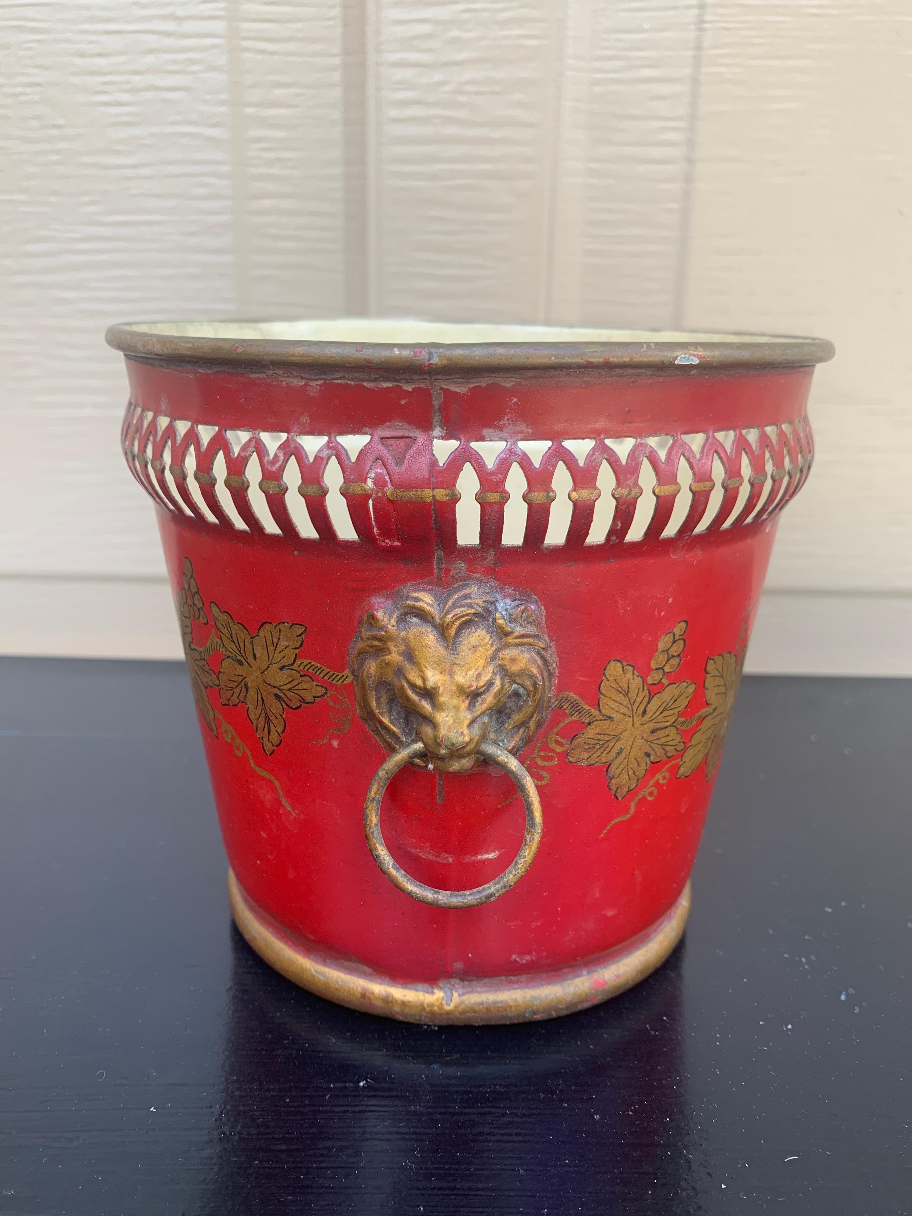 French Neoclassical Tole Red & Gold Cachepot Planter Vase With Lion Heads For Sale 3