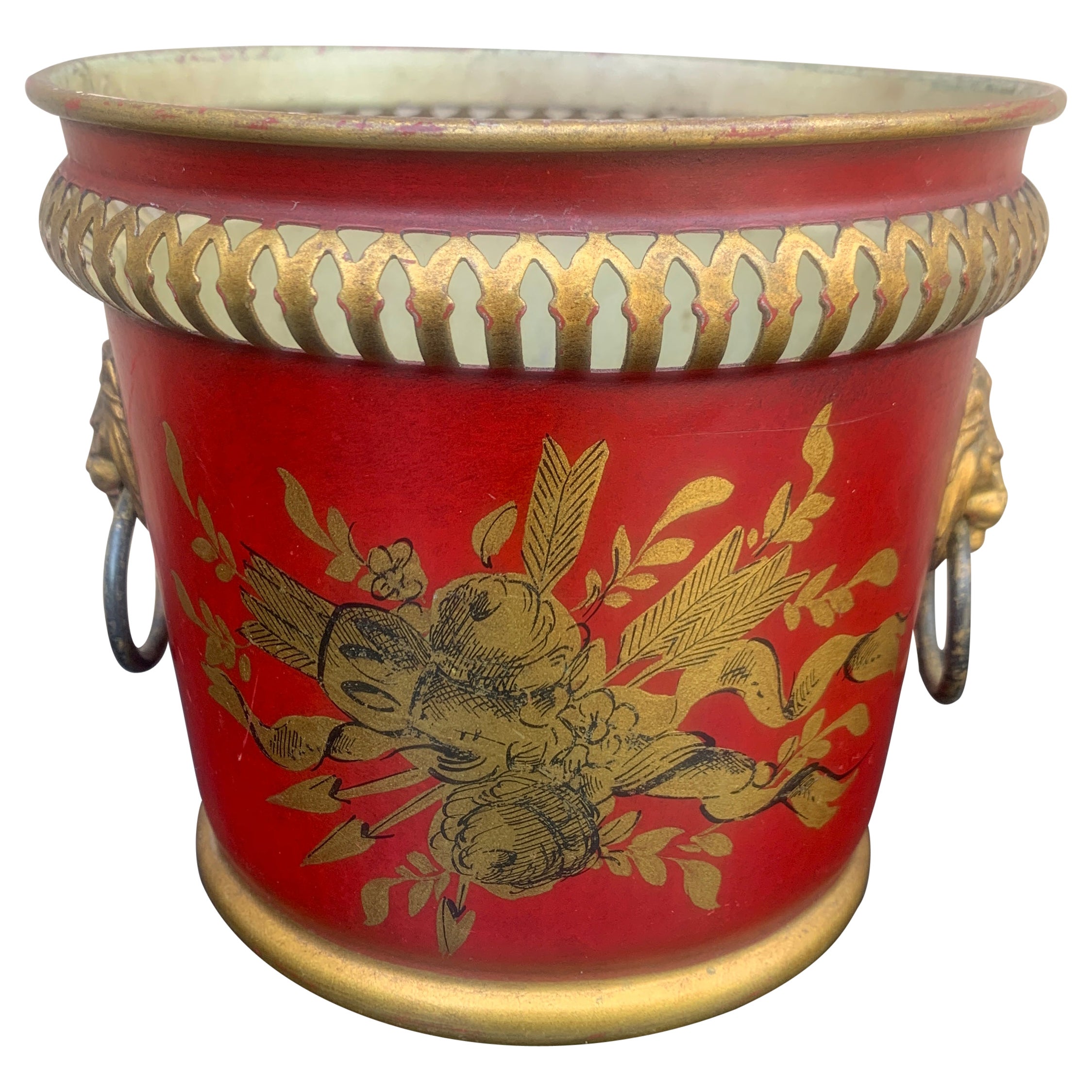 French Neoclassical Tole Red & Gold Cachepot Planter Vase With Lion Heads For Sale