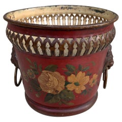 French Neoclassical Tole Red & Gold Cachepot Planter Vase With Lion Heads
