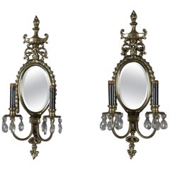 Vintage French Neoclassical Urn & Rope Twist Double Candle & Mirrored Wall Sconces, Pair
