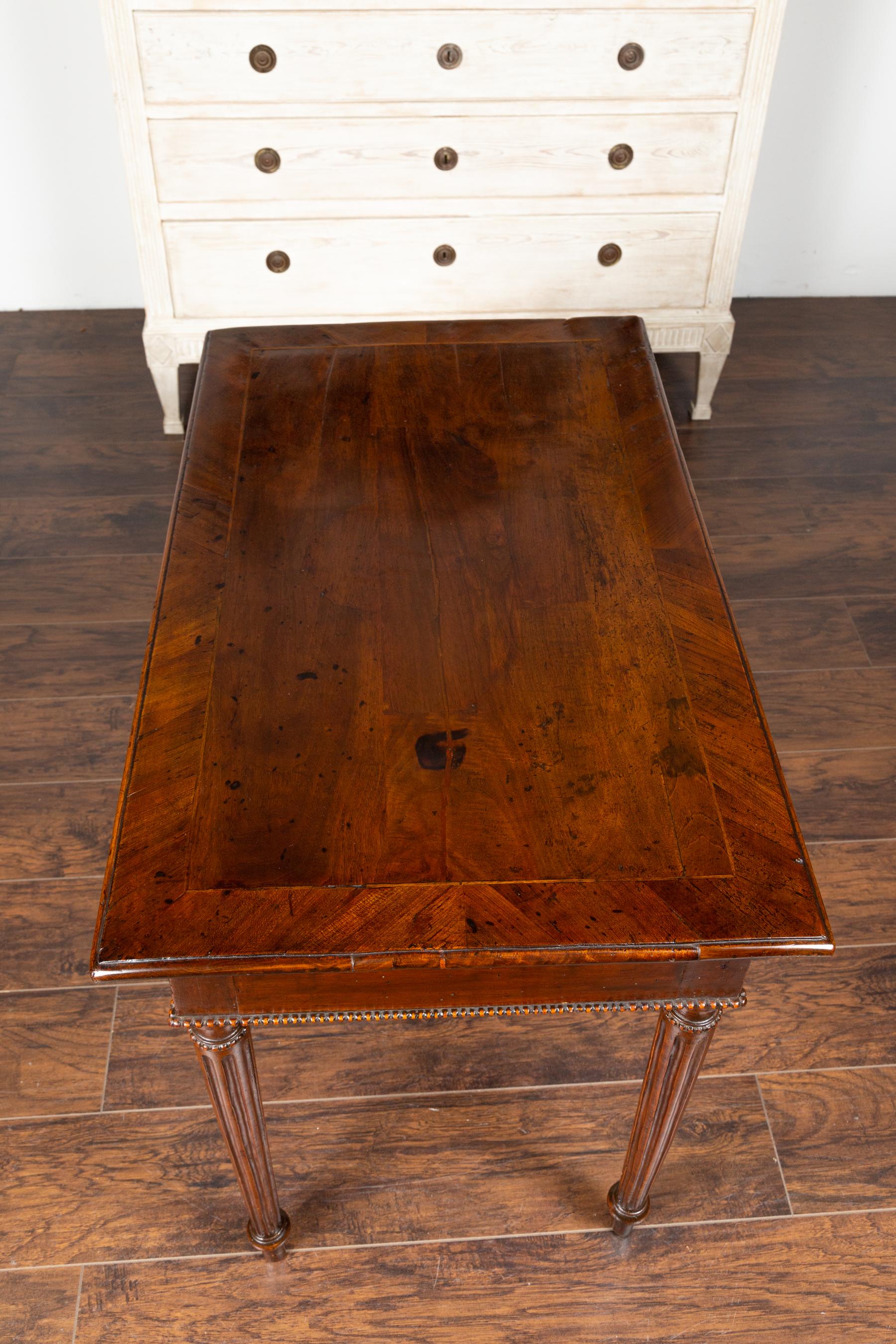 French Neoclassical Walnut Side Table with Banding, Fluted Legs and Drawer 10