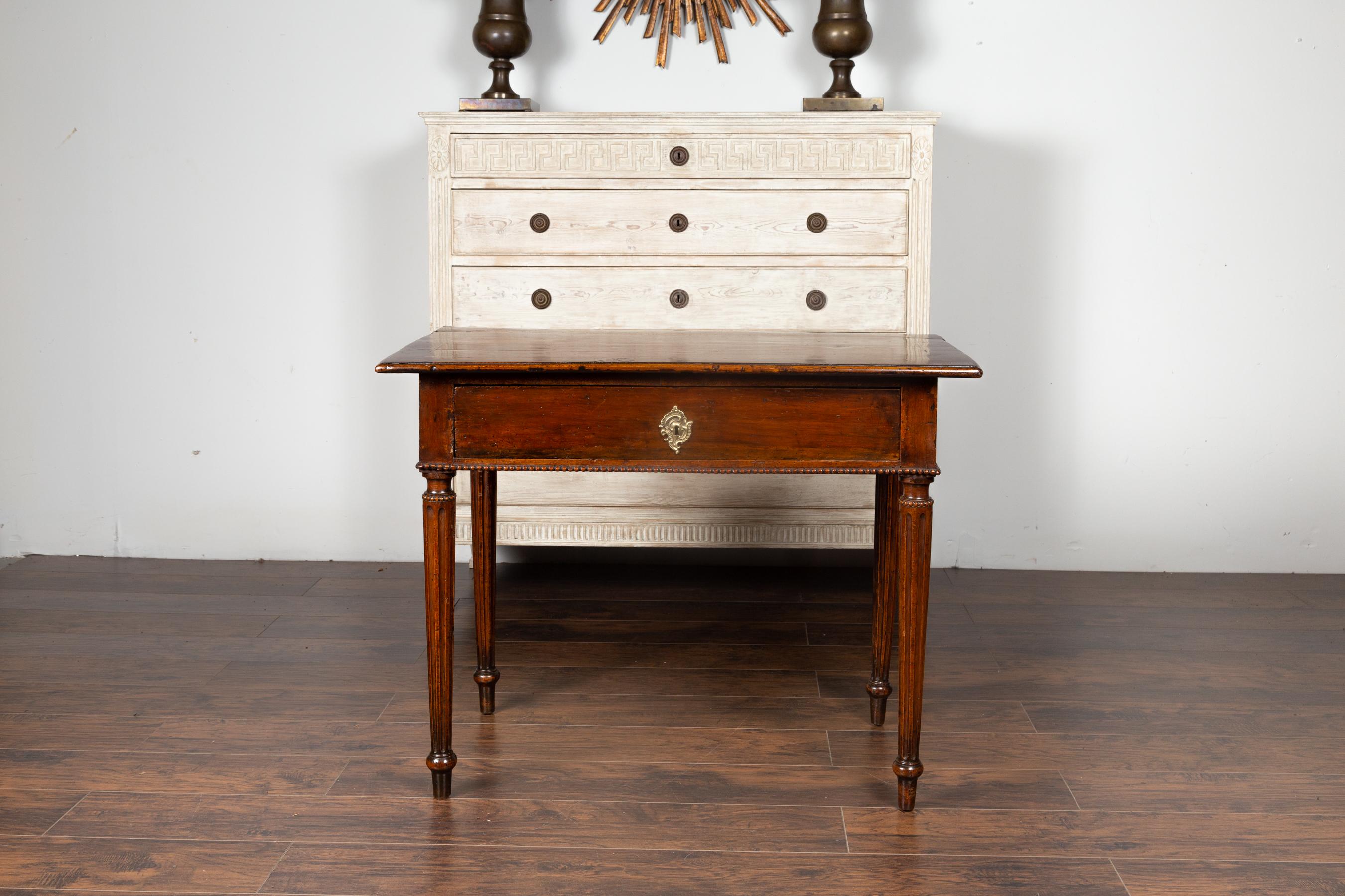 19th Century French Neoclassical Walnut Side Table with Banding, Fluted Legs and Drawer