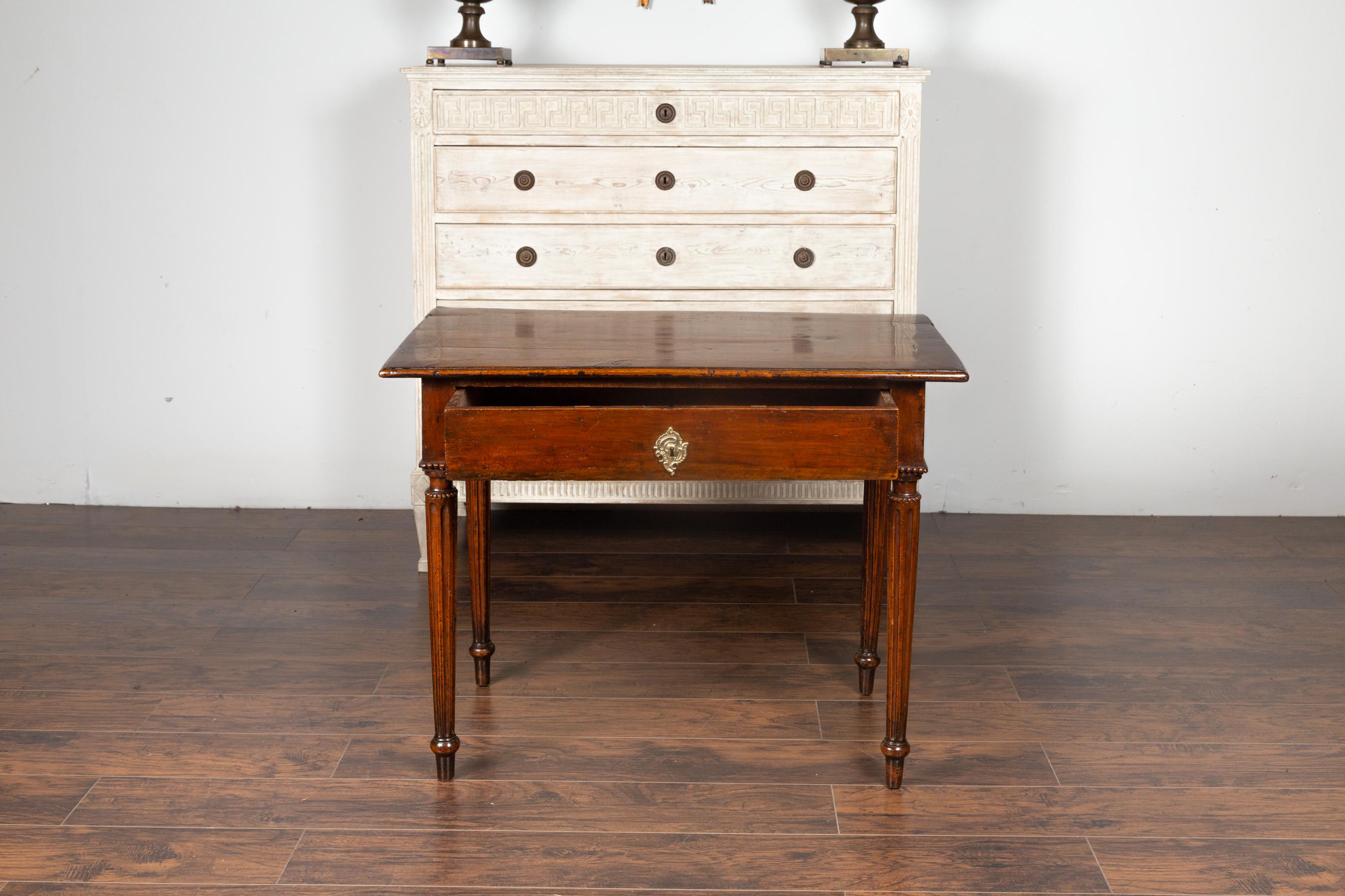 French Neoclassical Walnut Side Table with Banding, Fluted Legs and Drawer 1