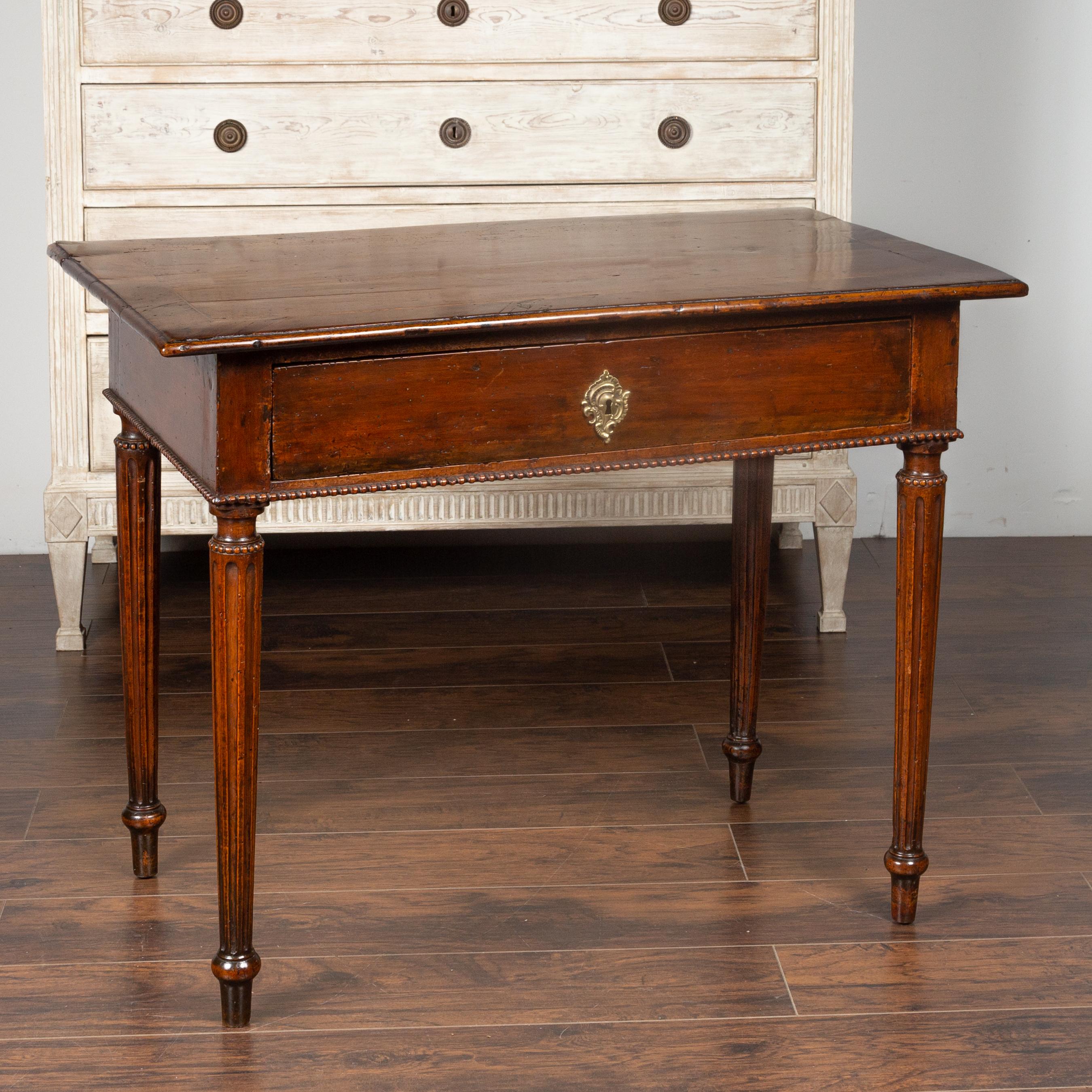 French Neoclassical Walnut Side Table with Banding, Fluted Legs and Drawer 2