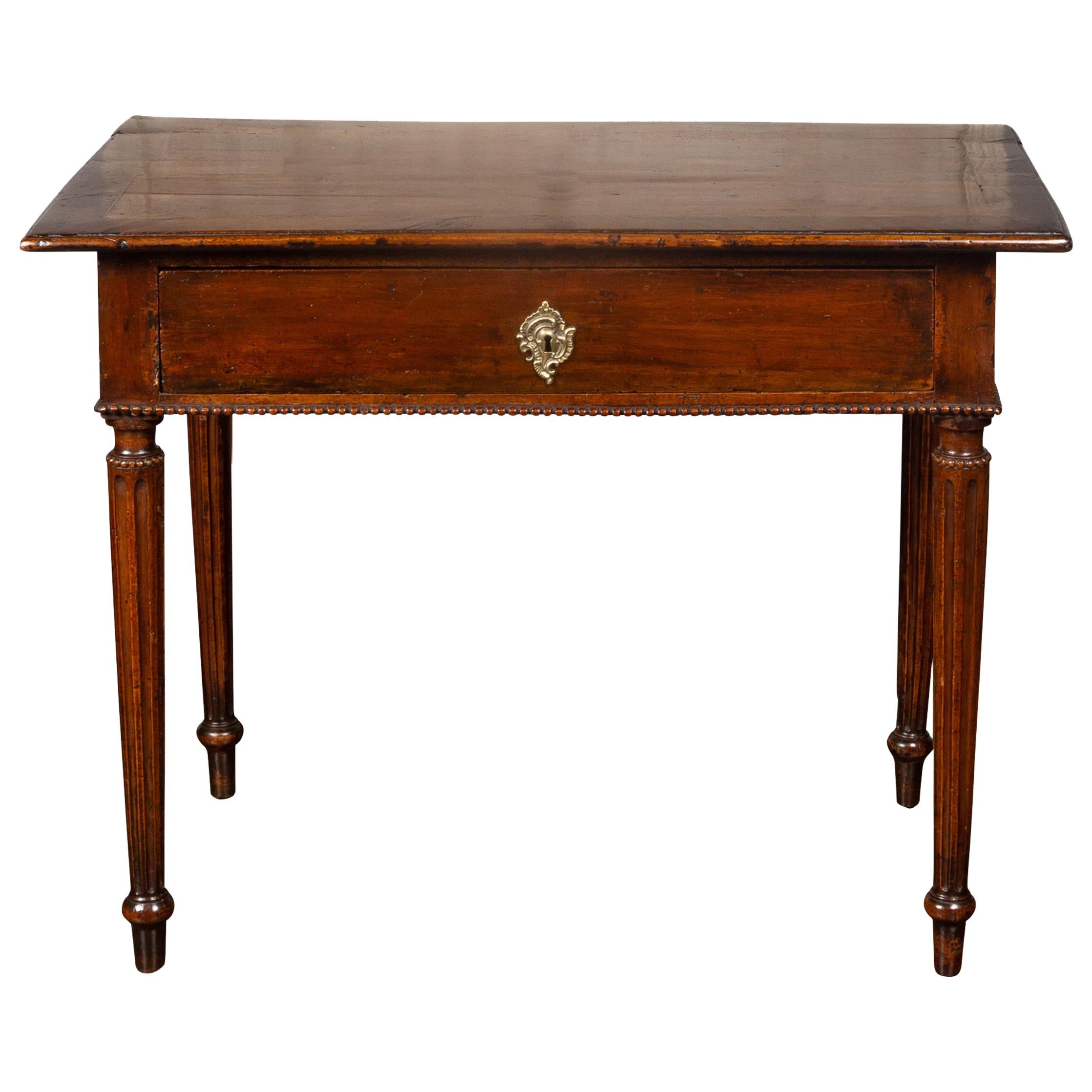 French Neoclassical Walnut Side Table with Banding, Fluted Legs and Drawer