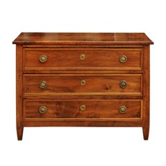French Neoclassical Walnut Three-Drawer Commode with Tapered Feet, circa 1840