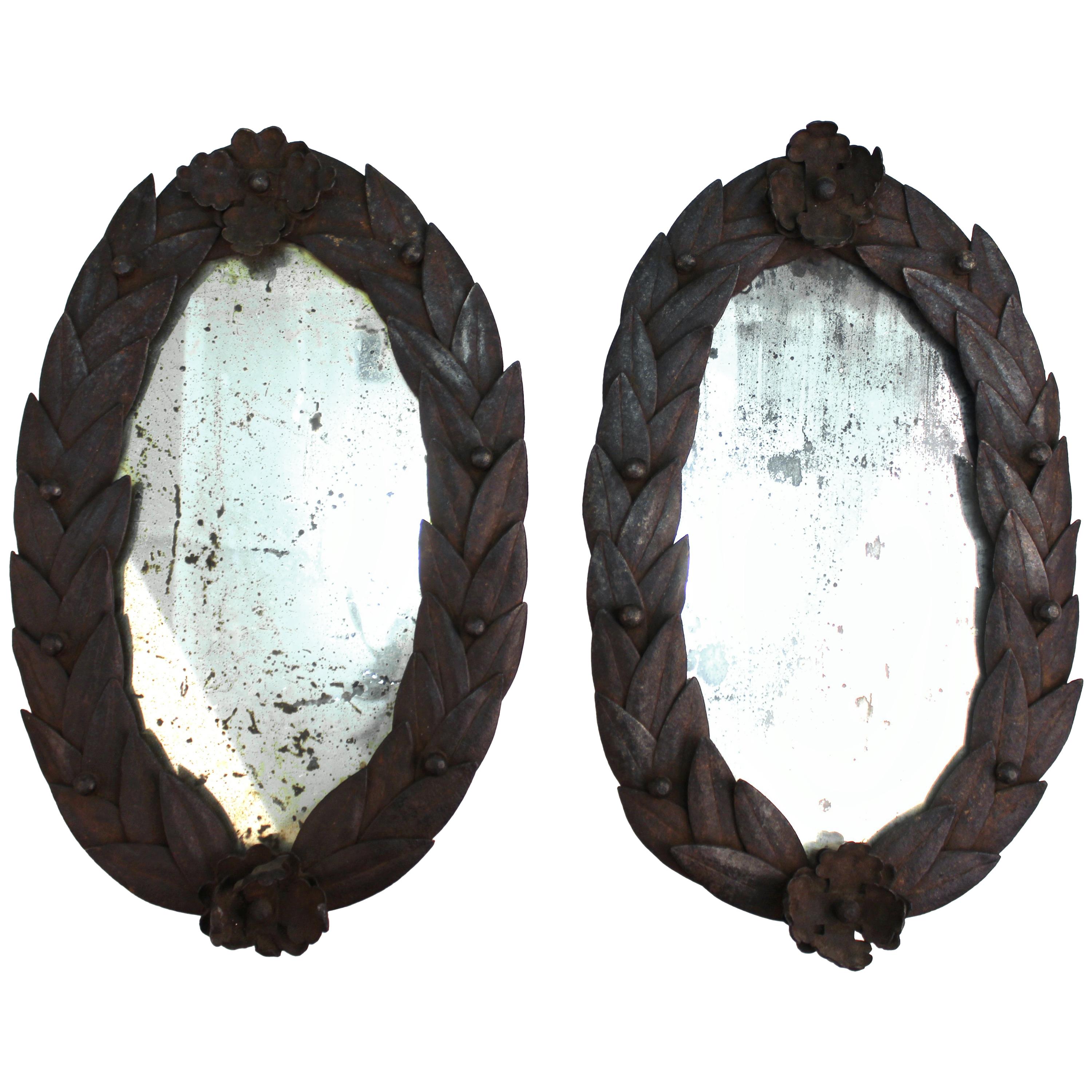 French Neoclassical Wrought Iron Mirrors with Laurel Leaf Border